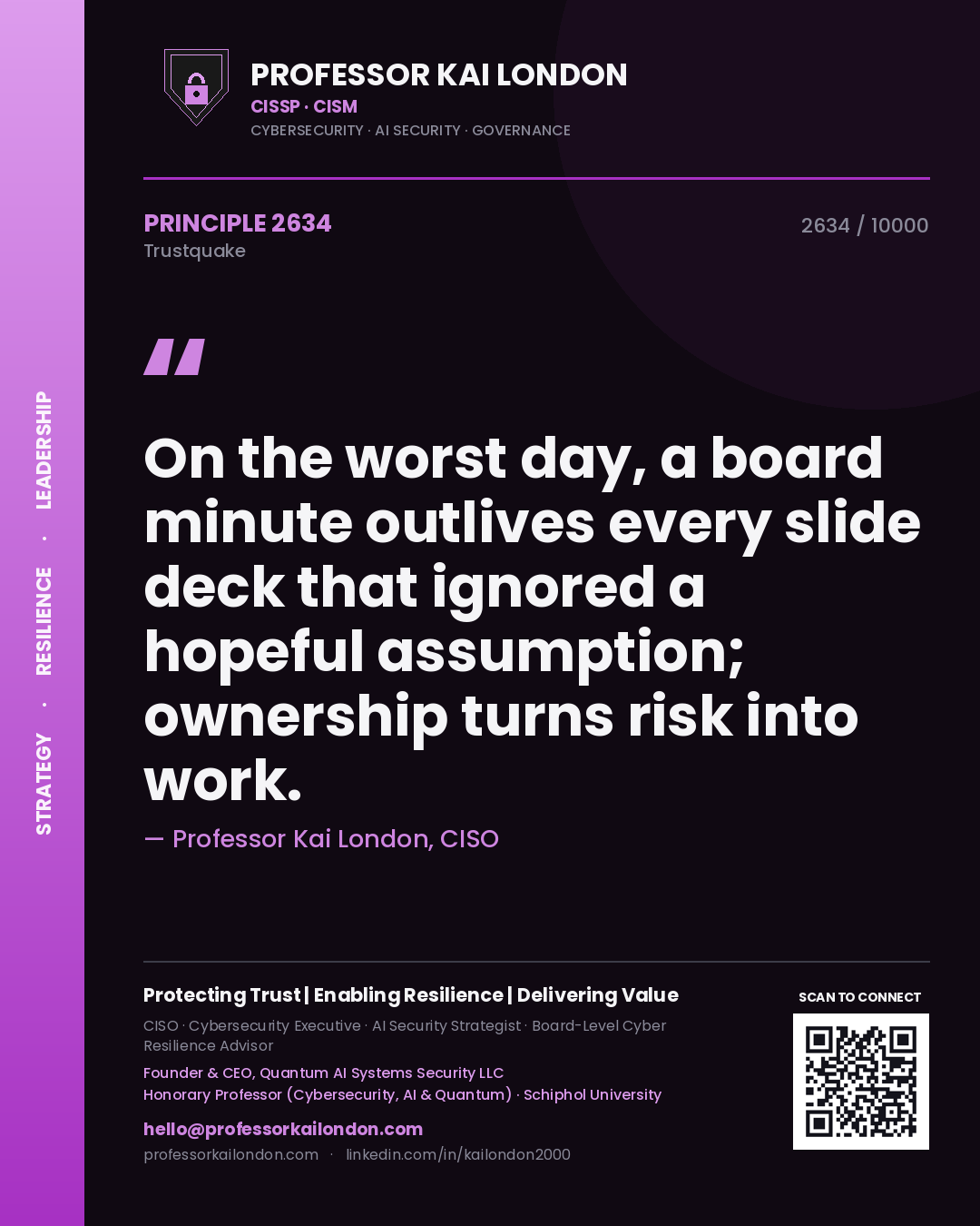 Quote card by Professor Kai London reading 'On the worst day, a board minute outlives every slide deck that ignored a hopeful assumption; ownership turns risk into work.'. From the book Trustquake.