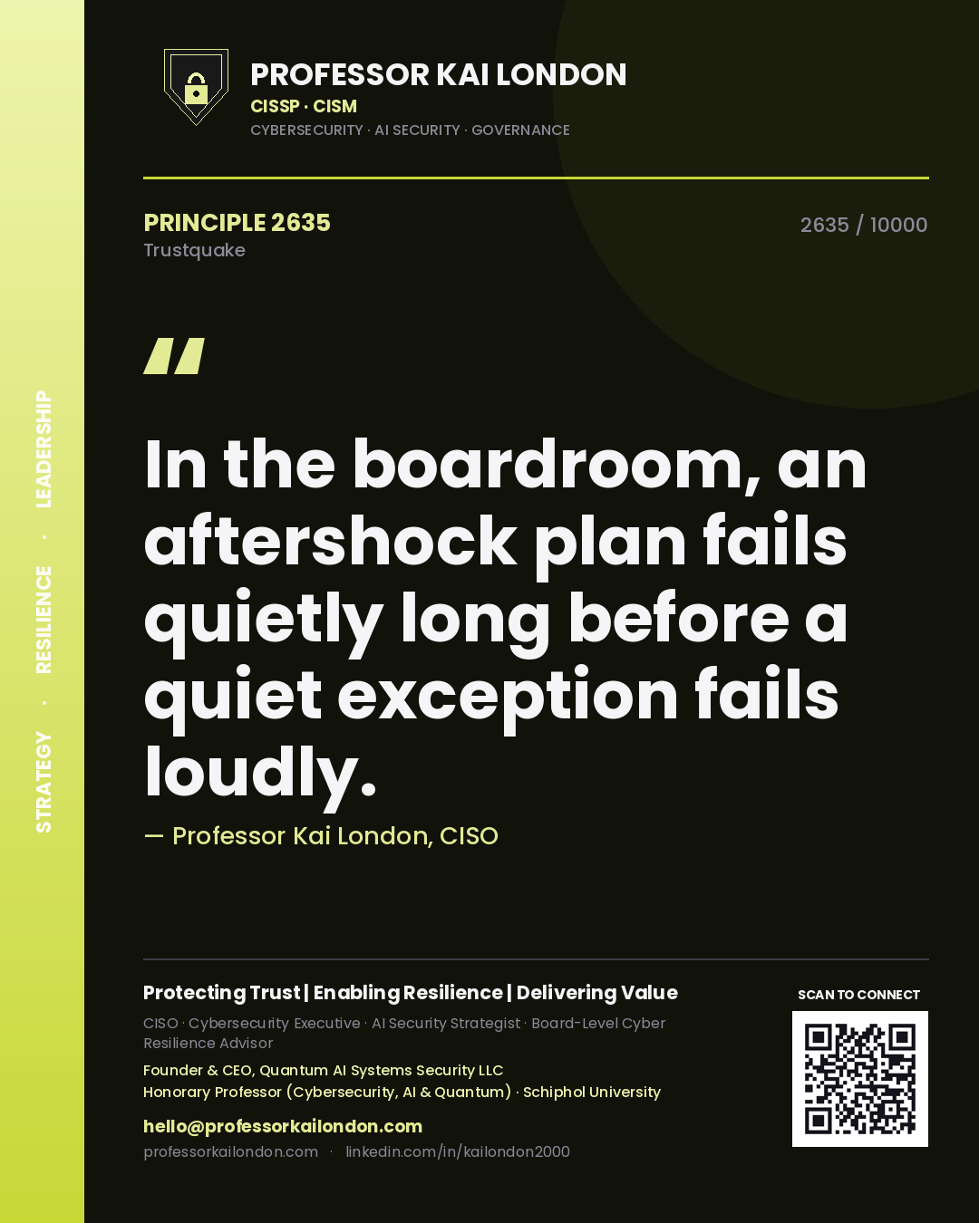 Professor Kai London principle 2635: In the boardroom, an aftershock plan fails quietly long before a quiet exception fails loudly.