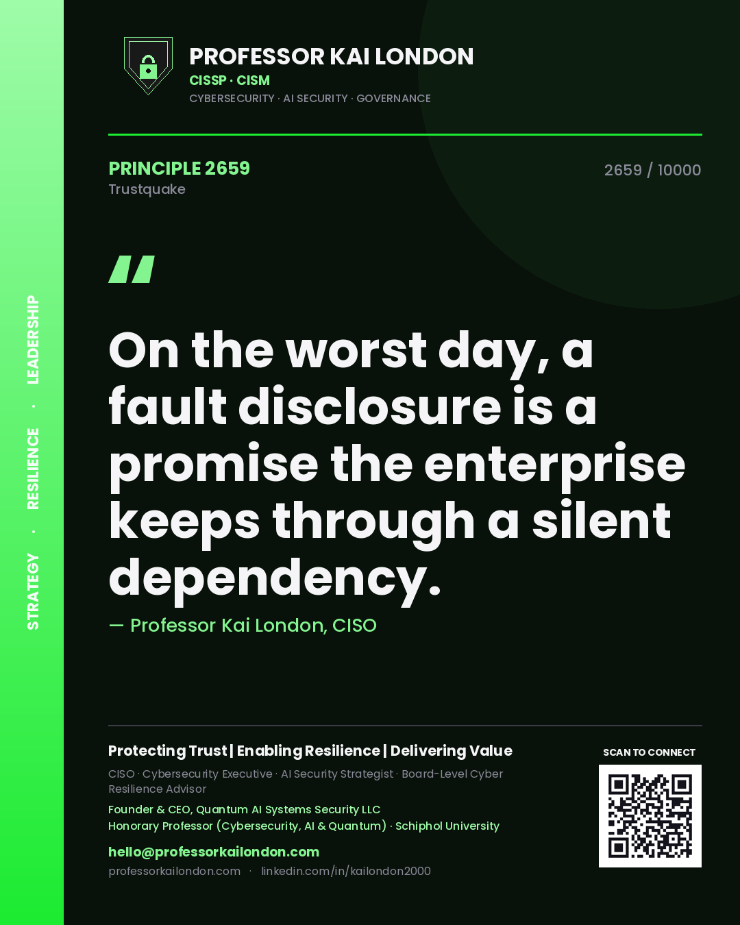 Quote card by Professor Kai London reading 'On the worst day, a fault disclosure is a promise the enterprise keeps through a silent dependency.'. From the book Trustquake.