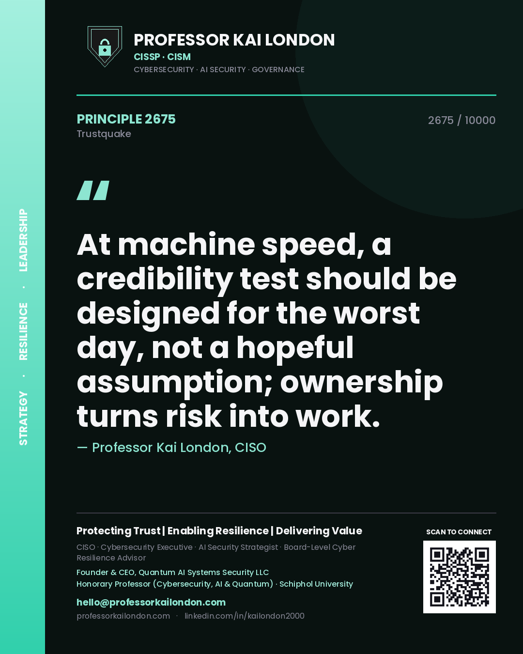 Quote card by Professor Kai London reading 'At machine speed, a credibility test should be designed for the worst day, not a hopeful assumption; ownership turns risk into work.'. From the book Trustquake.