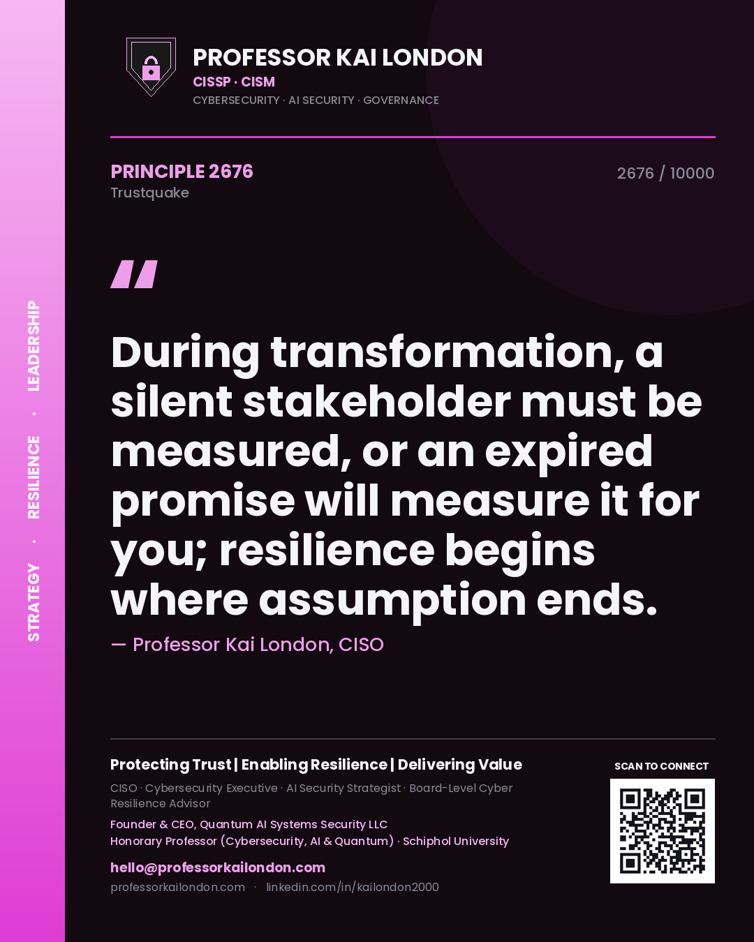 Professor Kai London principle 2676: During transformation, a silent stakeholder must be measured, or an expired promise will measure it for you; resilience begins where assumption ends.