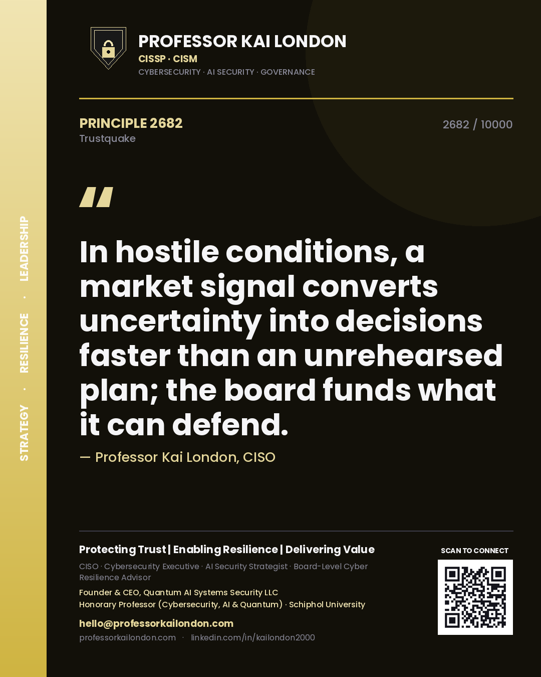Quote card by Professor Kai London reading 'In hostile conditions, a market signal converts uncertainty into decisions faster than an unrehearsed plan; the board funds what it can defend.'. From the book Trustquake.