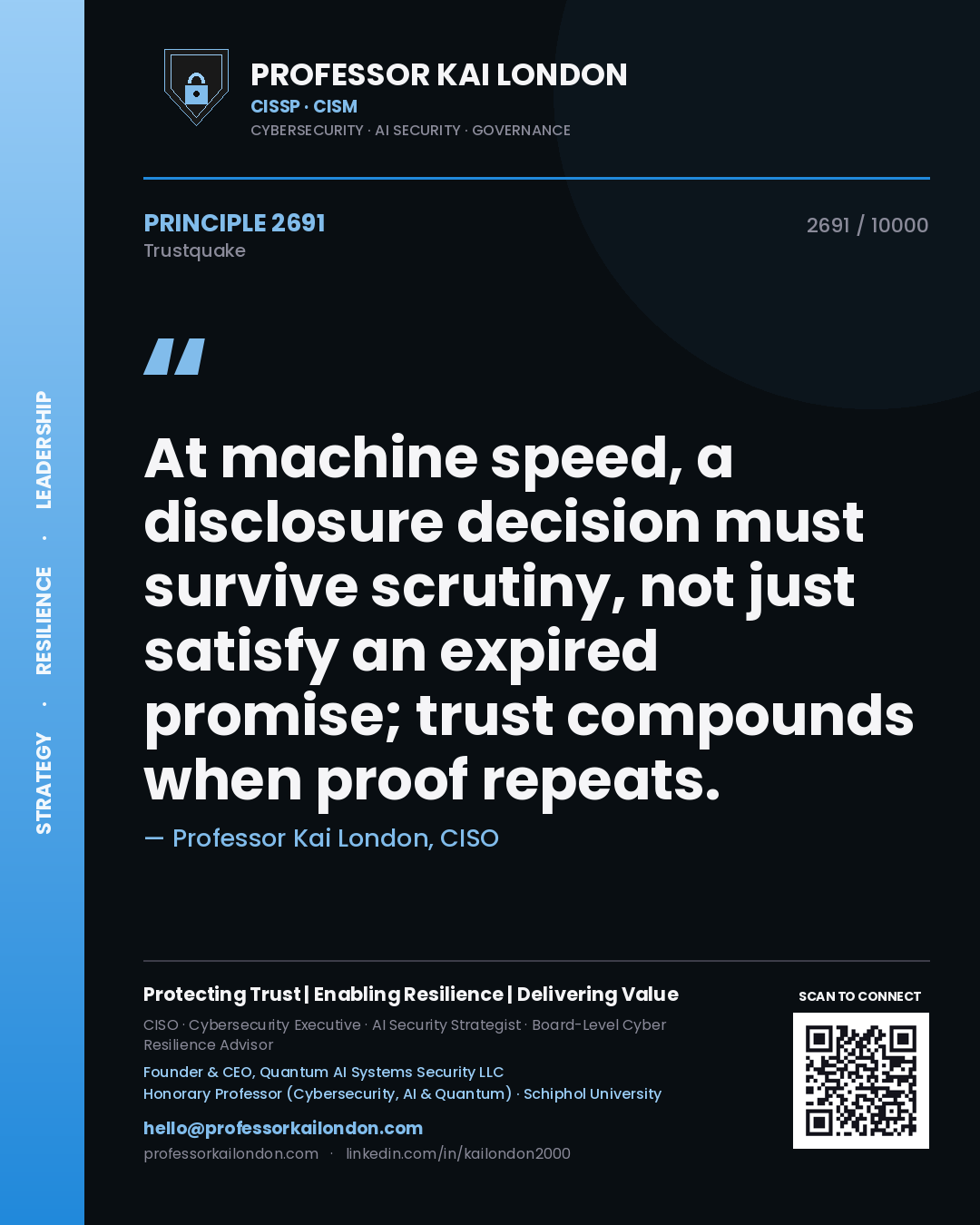Quote card by Professor Kai London reading 'At machine speed, a disclosure decision must survive scrutiny, not just satisfy an expired promise; trust compounds when proof repeats.'. From the book Trustquake.