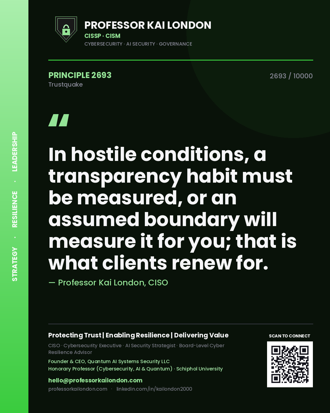 Quote card by Professor Kai London reading 'In hostile conditions, a transparency habit must be measured, or an assumed boundary will measure it for you; that is what clients renew for.'. From the book Trustquake.