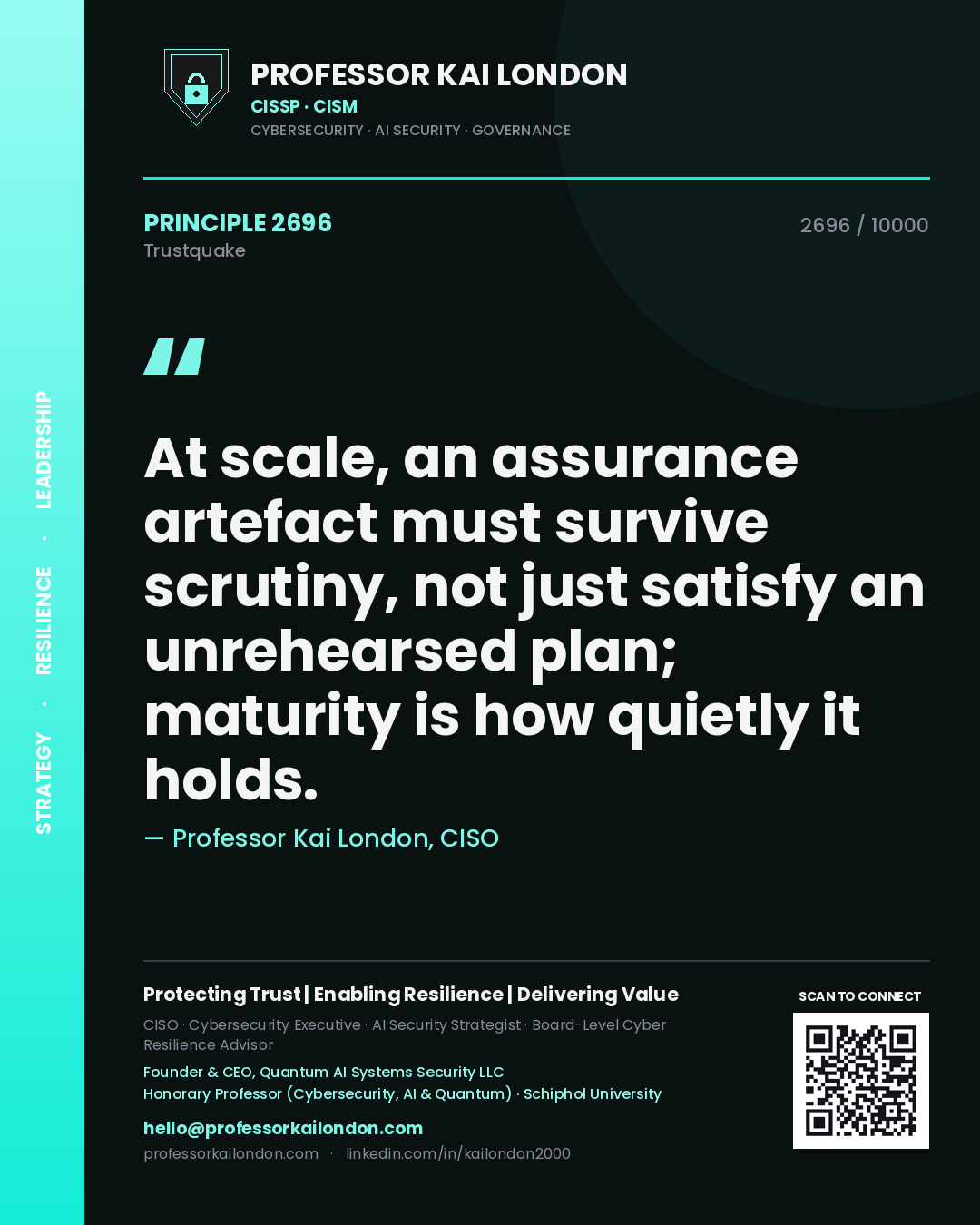 Quote card by Professor Kai London reading 'At scale, an assurance artefact must survive scrutiny, not just satisfy an unrehearsed plan; maturity is how quietly it holds.'. From the book Trustquake.
