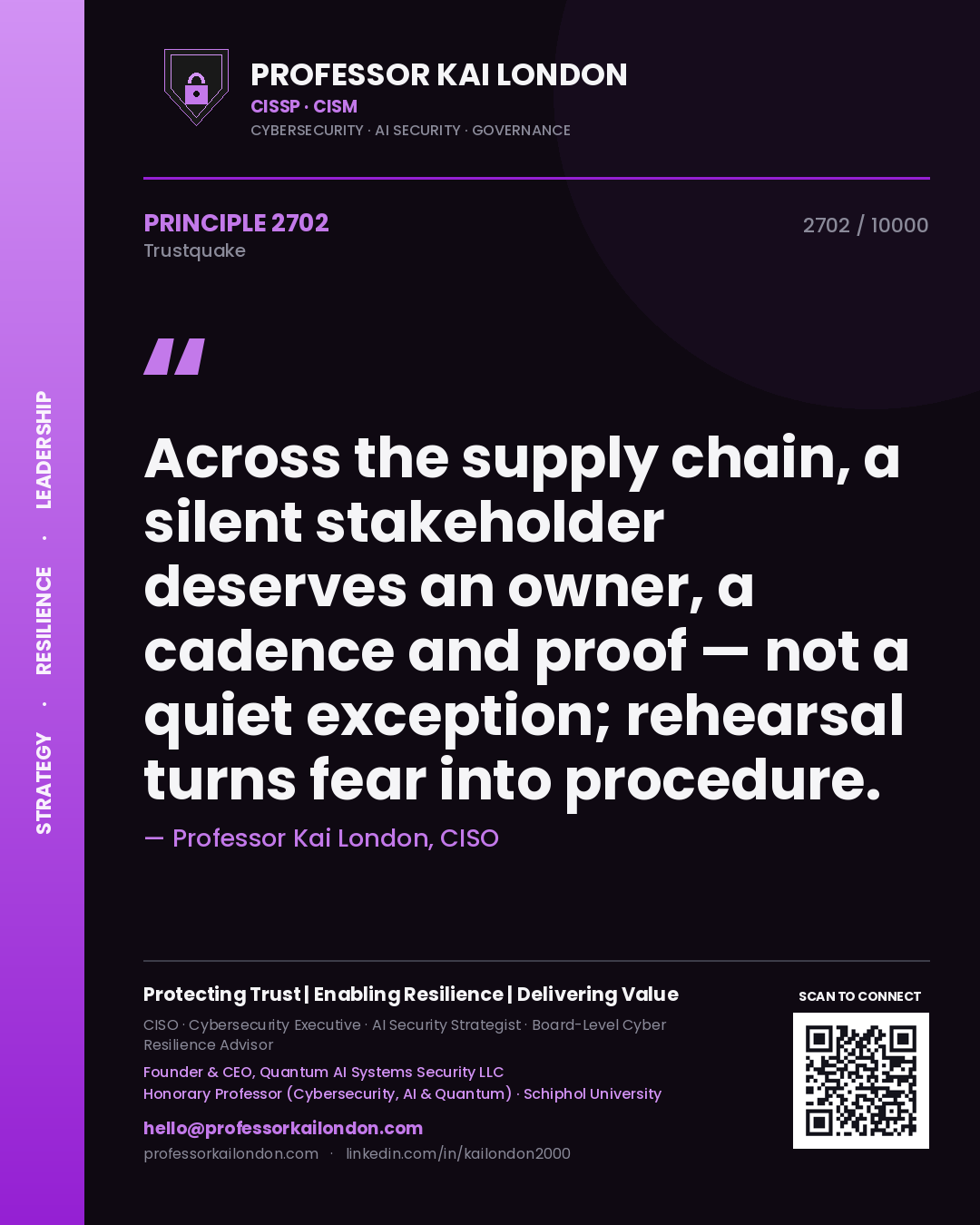 Quote card by Professor Kai London reading 'Across the supply chain, a silent stakeholder deserves an owner, a cadence and proof — not a quiet exception; rehearsal turns fear into procedure.'. From the book Trustquake.