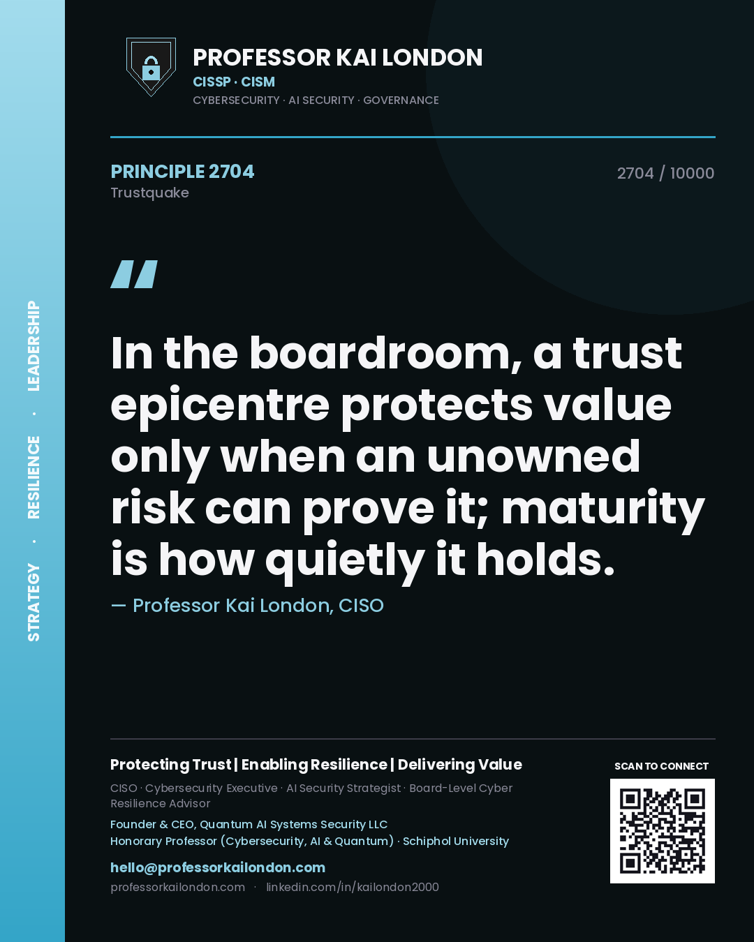 Quote card by Professor Kai London reading 'In the boardroom, a trust epicentre protects value only when an unowned risk can prove it; maturity is how quietly it holds.'. From the book Trustquake.