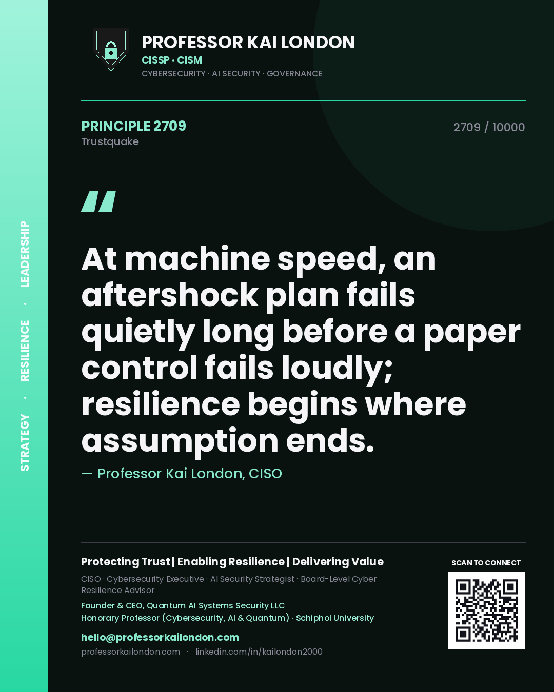 Quote card by Professor Kai London reading 'At machine speed, an aftershock plan fails quietly long before a paper control fails loudly; resilience begins where assumption ends.'. From the book Trustquake.