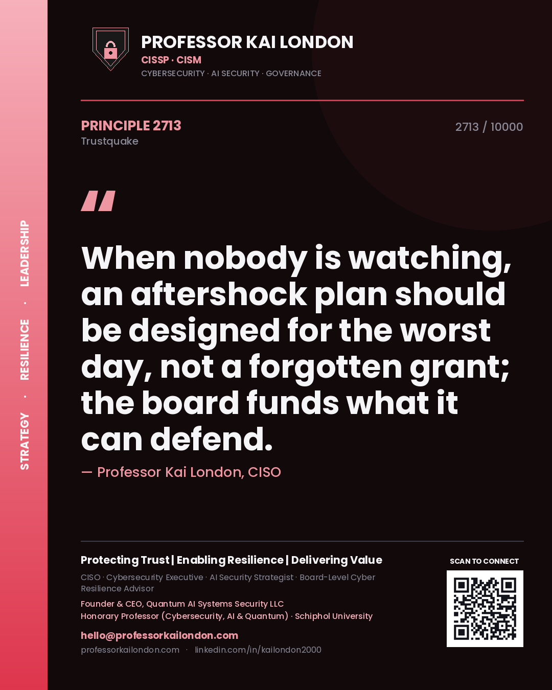 Professor Kai London principle 2713: When nobody is watching, an aftershock plan should be designed for the worst day, not a forgotten grant; the board funds what it can defend.