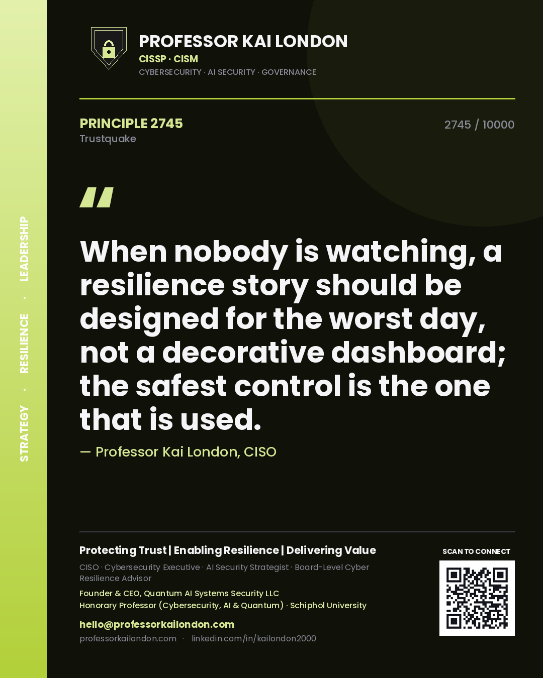 Quote card by Professor Kai London reading 'When nobody is watching, a resilience story should be designed for the worst day, not a decorative dashboard; the safest control is the one that is used.'. From the book Trustquake.
