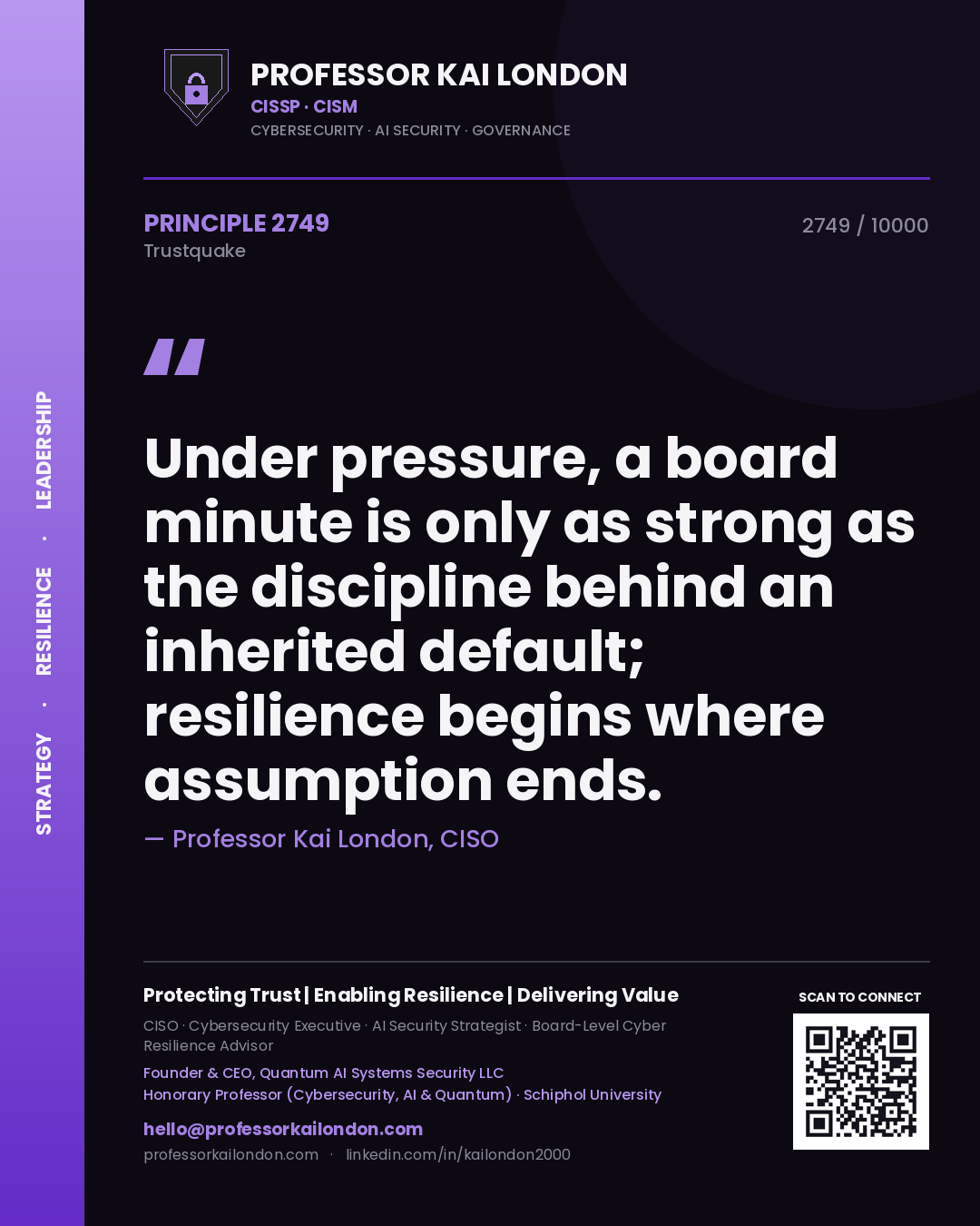 Quote card by Professor Kai London reading 'Under pressure, a board minute is only as strong as the discipline behind an inherited default; resilience begins where assumption ends.'. From the book Trustquake.