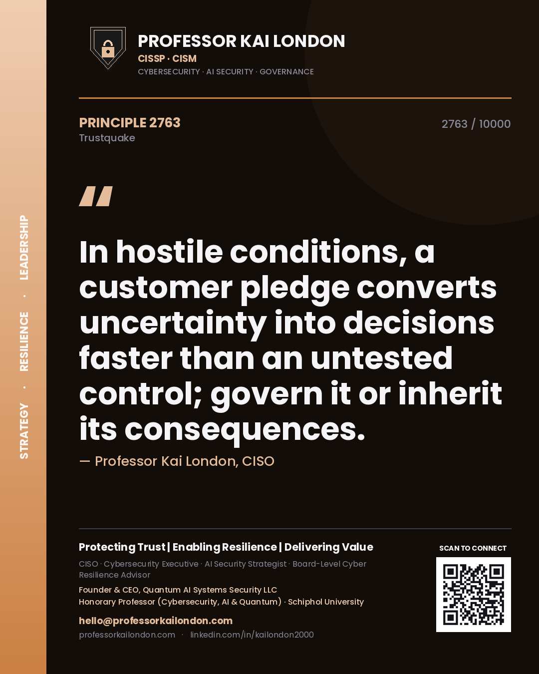 Quote card by Professor Kai London reading 'In hostile conditions, a customer pledge converts uncertainty into decisions faster than an untested control; govern it or inherit its consequences.'. From the book Trustquake.