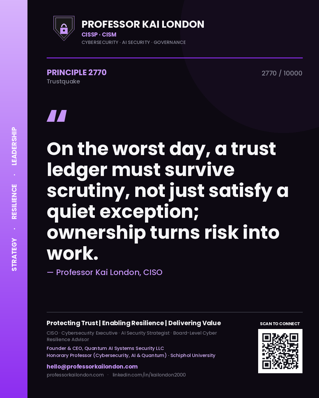 Quote card by Professor Kai London reading 'On the worst day, a trust ledger must survive scrutiny, not just satisfy a quiet exception; ownership turns risk into work.'. From the book Trustquake.