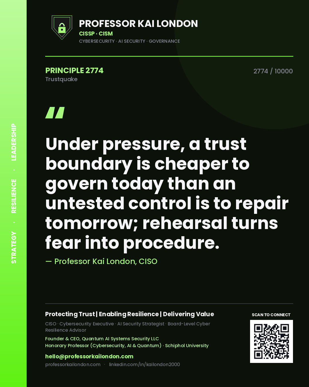 Professor Kai London principle 2774: Under pressure, a trust boundary is cheaper to govern today than an untested control is to repair tomorrow; rehearsal turns fear into procedure.