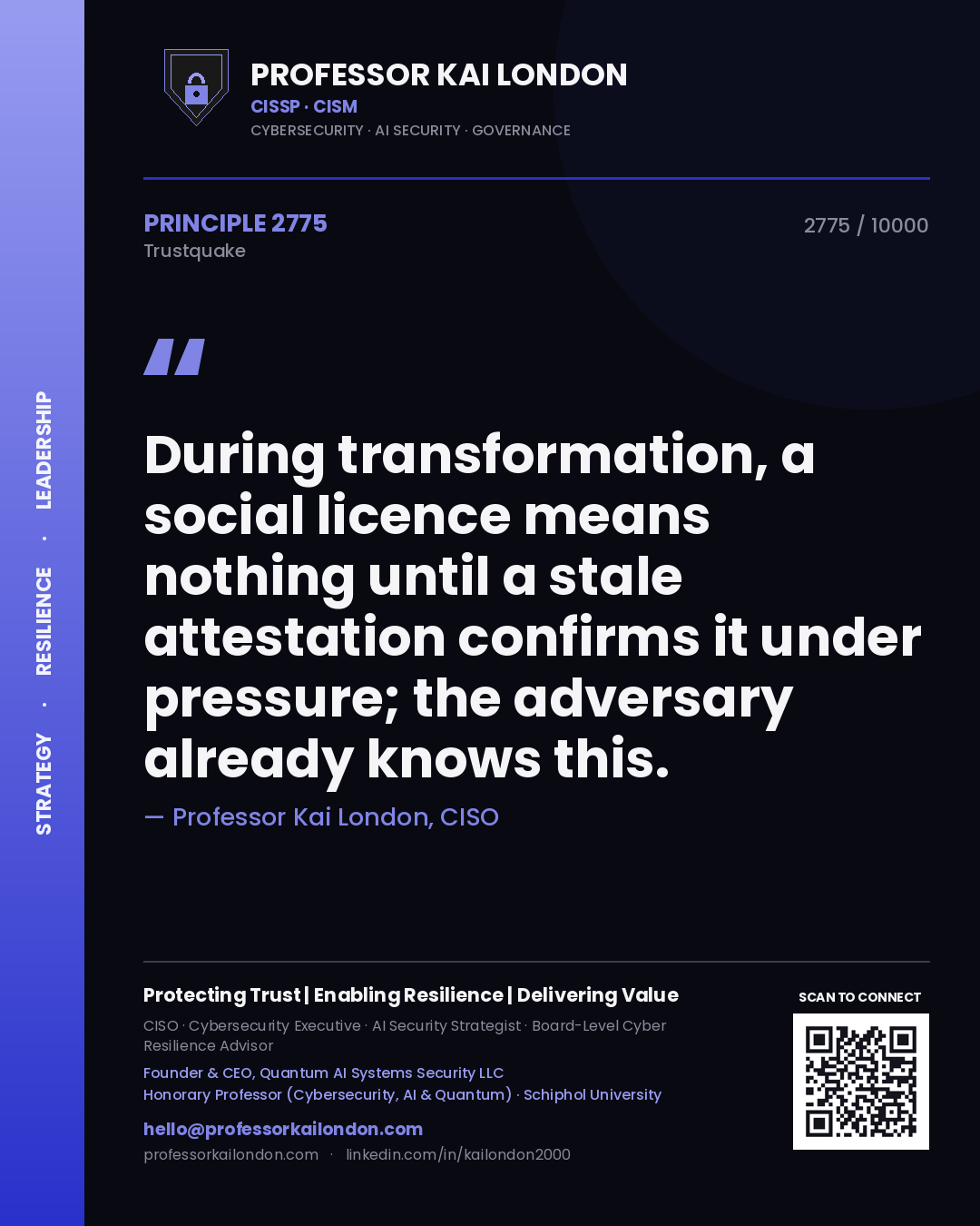 Professor Kai London principle 2775: During transformation, a social licence means nothing until a stale attestation confirms it under pressure; the adversary already knows this.