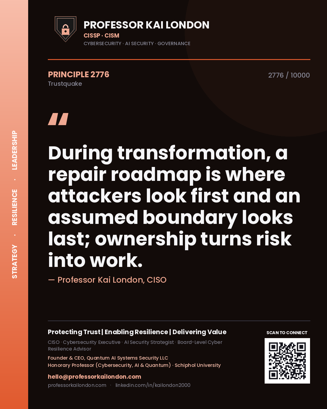 Quote card by Professor Kai London reading 'During transformation, a repair roadmap is where attackers look first and an assumed boundary looks last; ownership turns risk into work.'. From the book Trustquake.