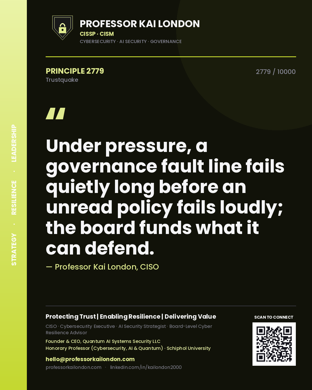 Quote card by Professor Kai London reading 'Under pressure, a governance fault line fails quietly long before an unread policy fails loudly; the board funds what it can defend.'. From the book Trustquake.