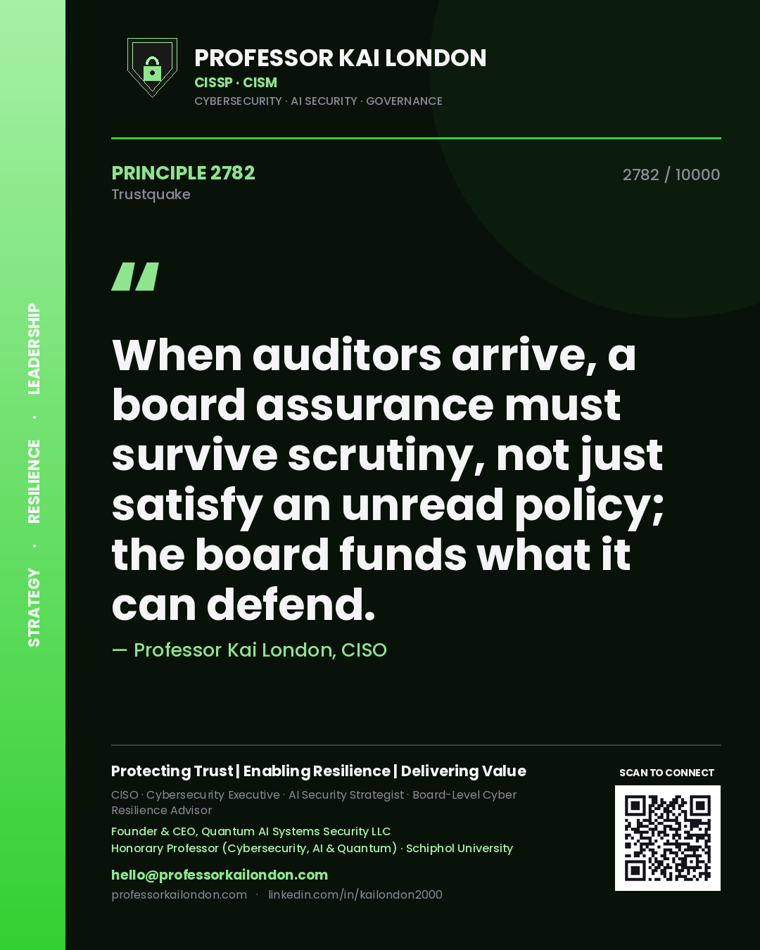 Professor Kai London principle 2782: When auditors arrive, a board assurance must survive scrutiny, not just satisfy an unread policy; the board funds what it can defend.