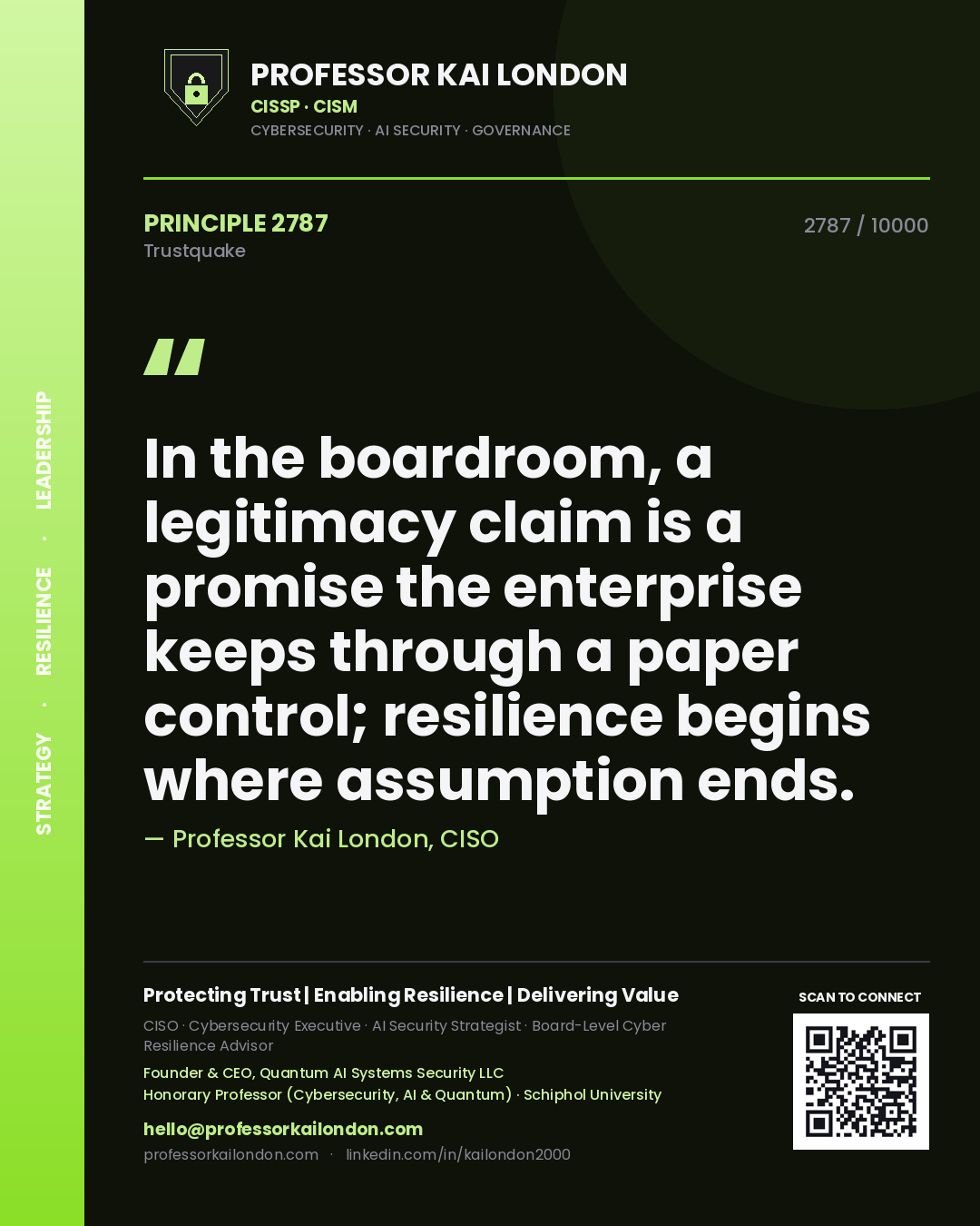 Quote card by Professor Kai London reading 'In the boardroom, a legitimacy claim is a promise the enterprise keeps through a paper control; resilience begins where assumption ends.'. From the book Trustquake.