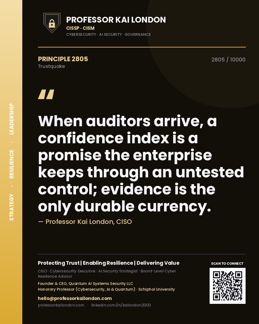 Quote card by Professor Kai London reading 'When auditors arrive, a confidence index is a promise the enterprise keeps through an untested control; evidence is the only durable currency.'. From the book Trustquake.