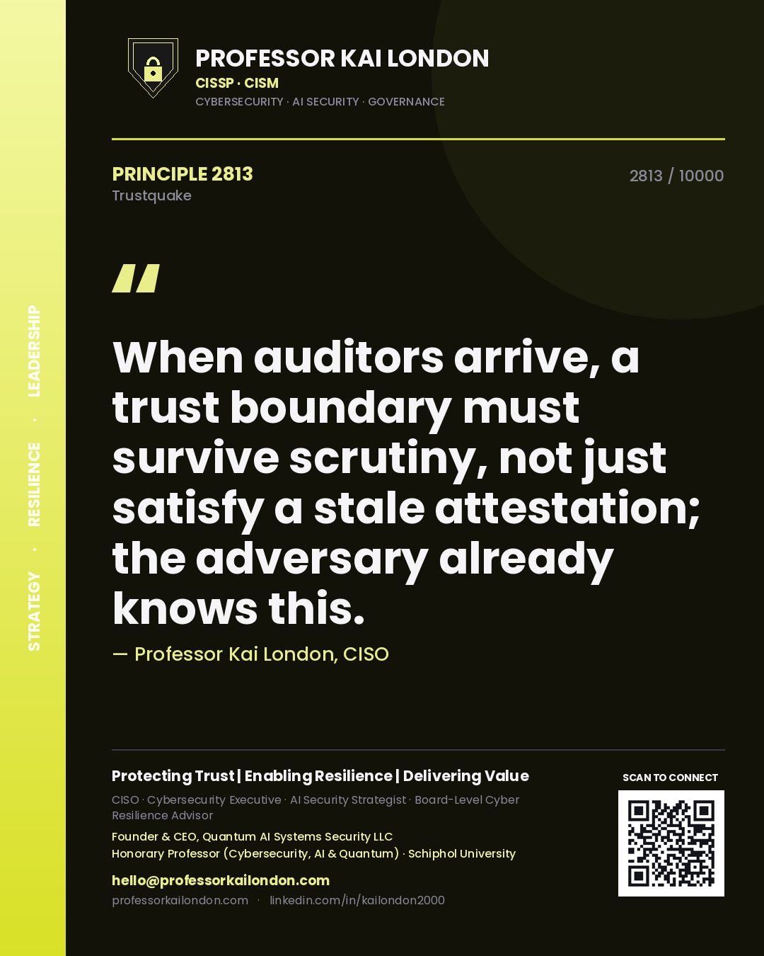 Quote card by Professor Kai London reading 'When auditors arrive, a trust boundary must survive scrutiny, not just satisfy a stale attestation; the adversary already knows this.'. From the book Trustquake.