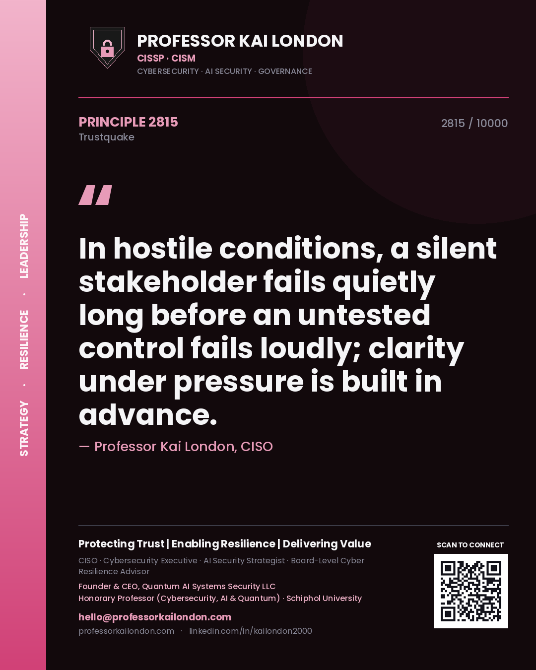 Professor Kai London principle 2815: In hostile conditions, a silent stakeholder fails quietly long before an untested control fails loudly; clarity under pressure is built in advance.