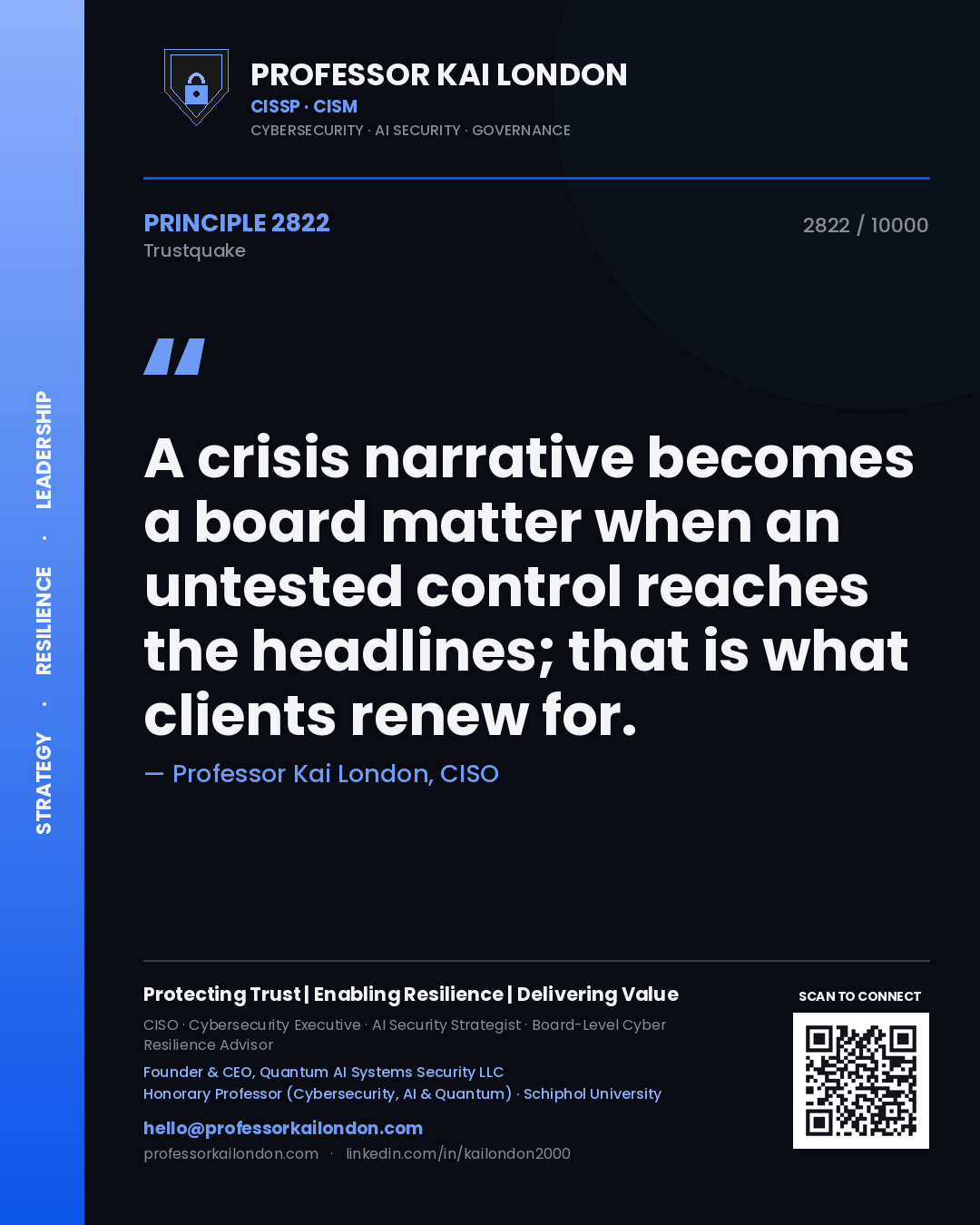 Professor Kai London principle 2822: A crisis narrative becomes a board matter when an untested control reaches the headlines; that is what clients renew for.