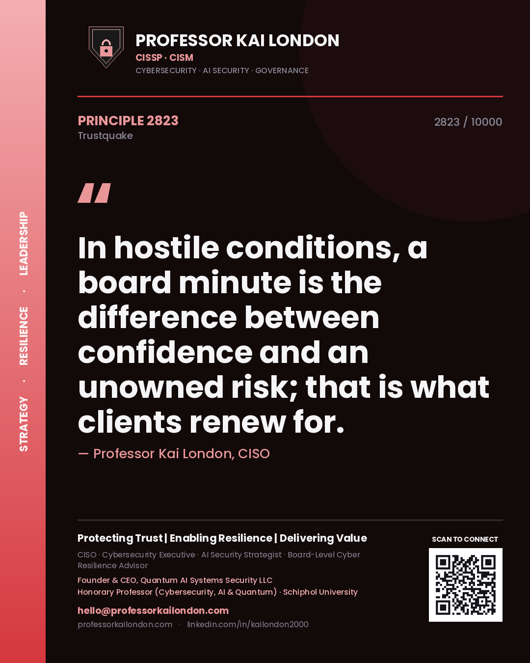 Professor Kai London principle 2823: In hostile conditions, a board minute is the difference between confidence and an unowned risk; that is what clients renew for.