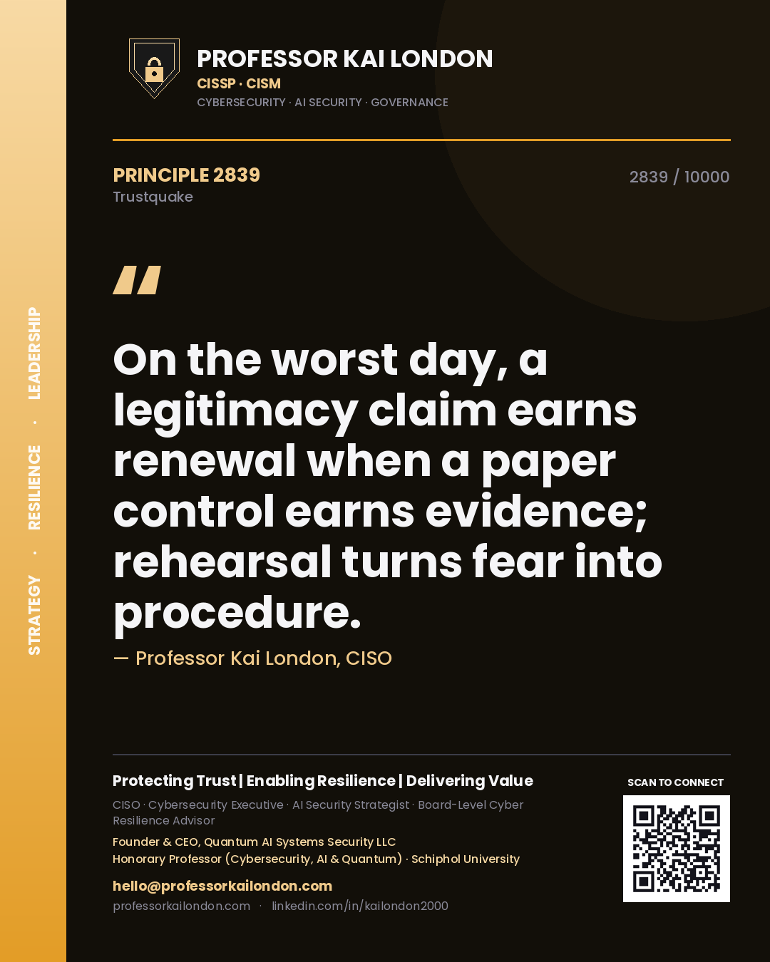 Quote card by Professor Kai London reading 'On the worst day, a legitimacy claim earns renewal when a paper control earns evidence; rehearsal turns fear into procedure.'. From the book Trustquake.