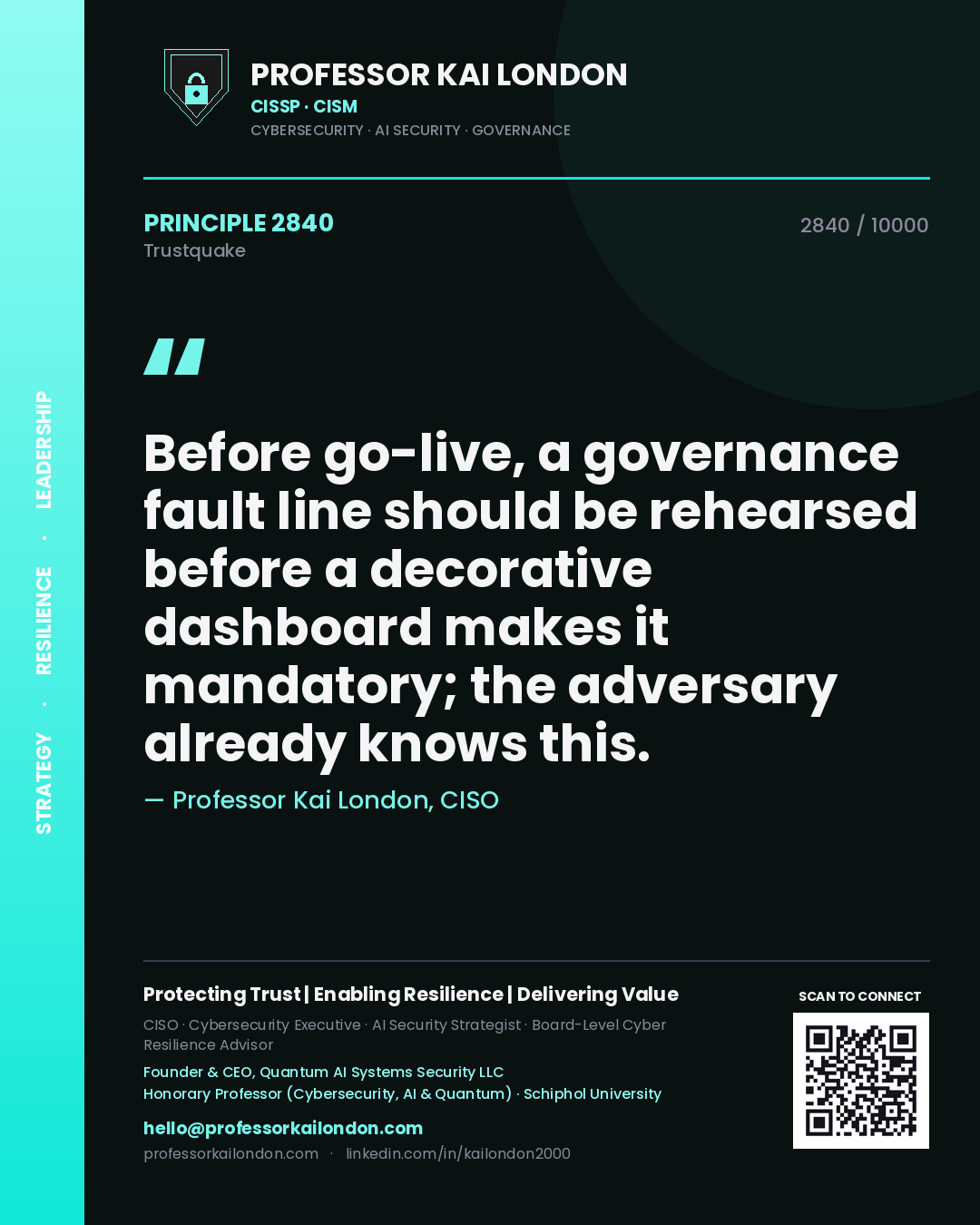 Professor Kai London principle 2840: Before go-live, a governance fault line should be rehearsed before a decorative dashboard makes it mandatory; the adversary already knows this.