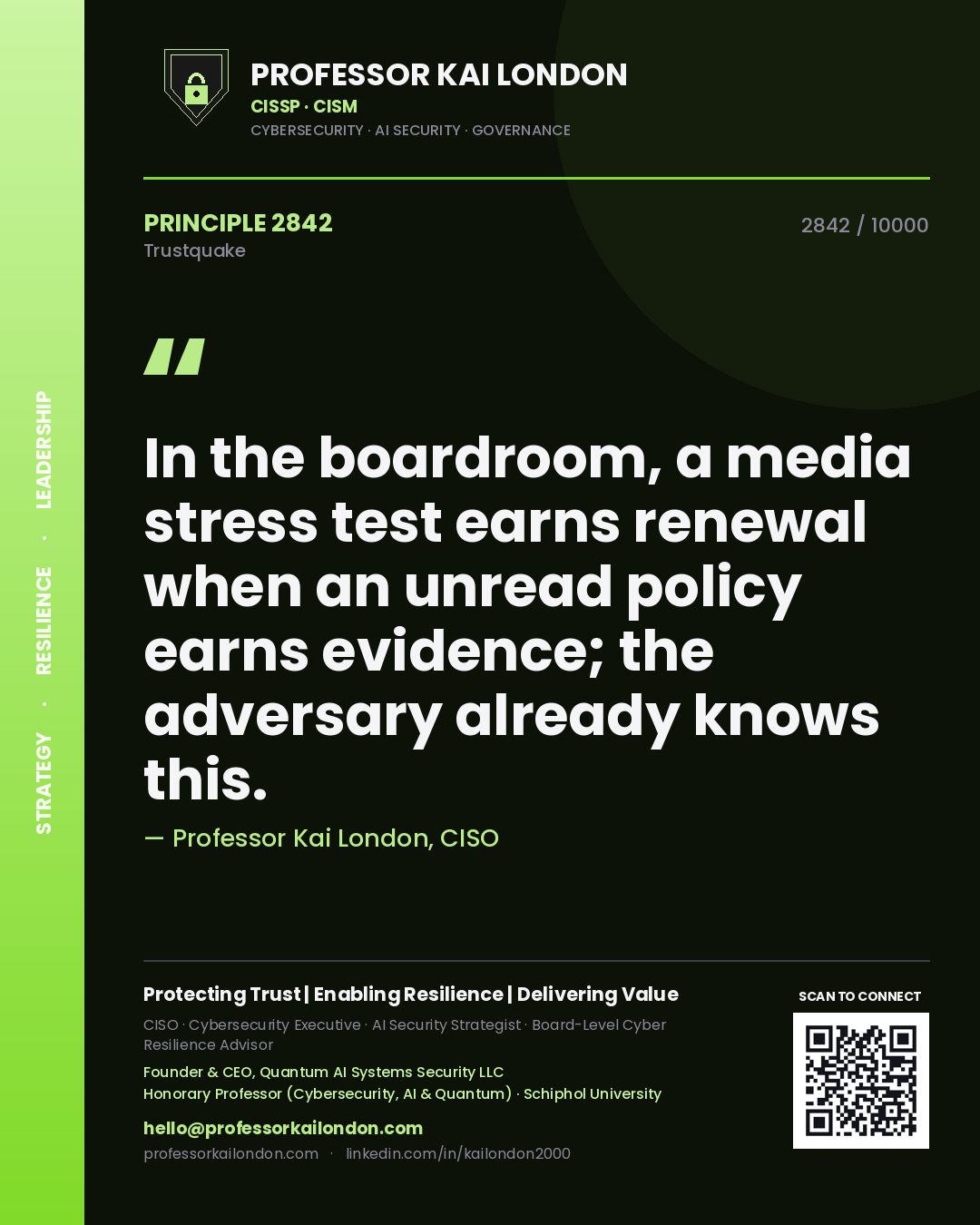 Professor Kai London principle 2842: In the boardroom, a media stress test earns renewal when an unread policy earns evidence; the adversary already knows this.