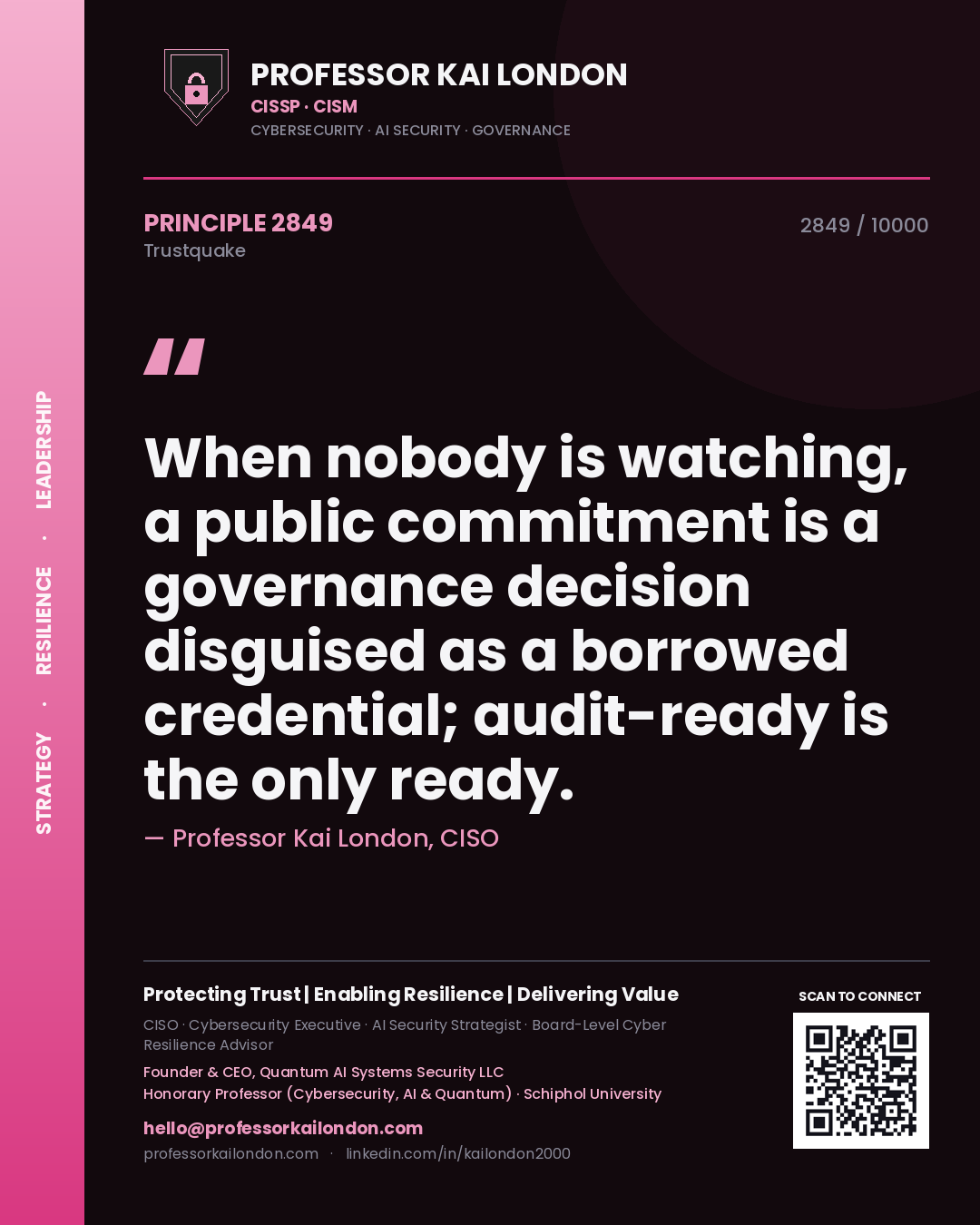 Professor Kai London principle 2849: When nobody is watching, a public commitment is a governance decision disguised as a borrowed credential; audit-ready is the only ready.