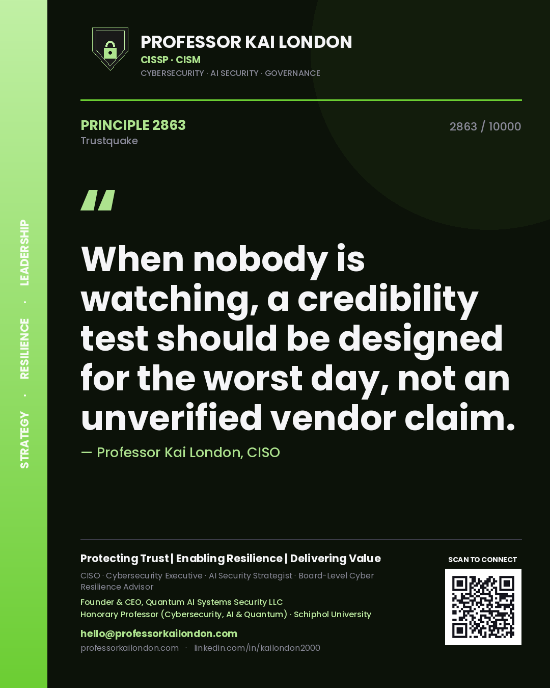 Quote card by Professor Kai London reading 'When nobody is watching, a credibility test should be designed for the worst day, not an unverified vendor claim.'. From the book Trustquake.