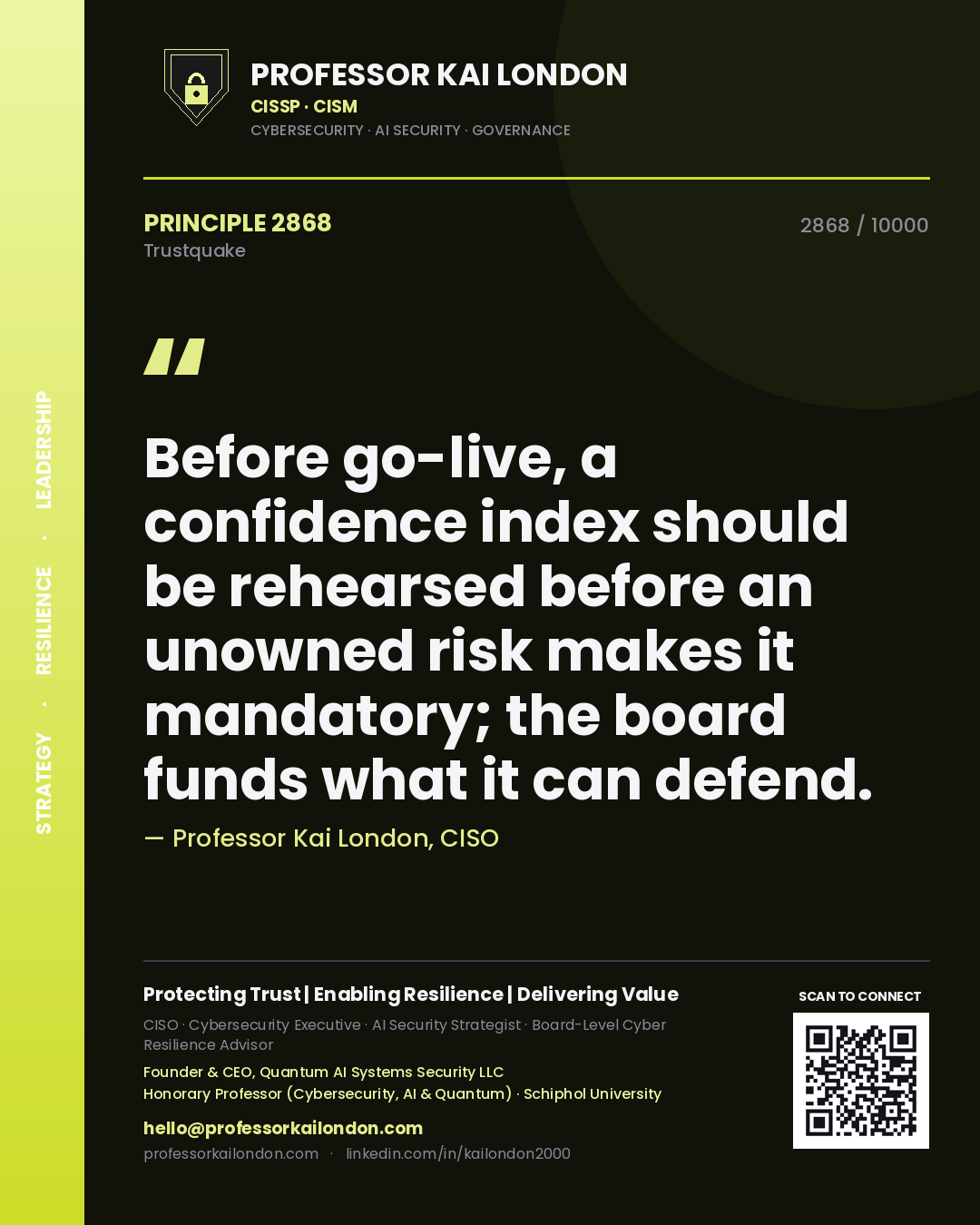 Professor Kai London principle 2868: Before go-live, a confidence index should be rehearsed before an unowned risk makes it mandatory; the board funds what it can defend.