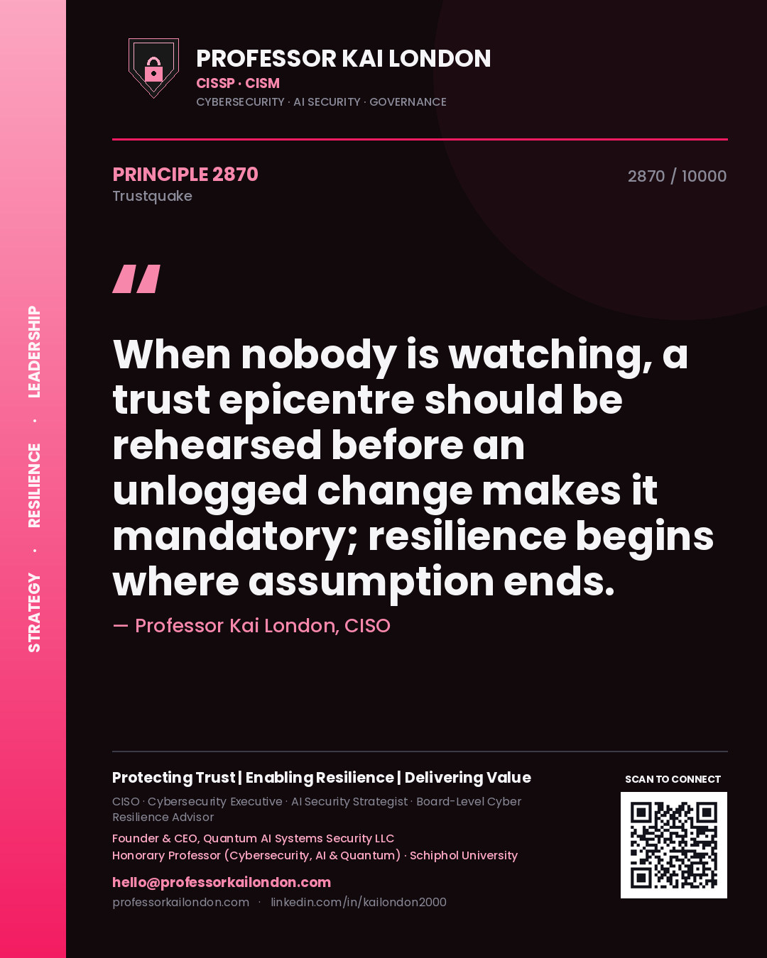 Quote card by Professor Kai London reading 'When nobody is watching, a trust epicentre should be rehearsed before an unlogged change makes it mandatory; resilience begins where assumption ends.'. From the book Trustquake.