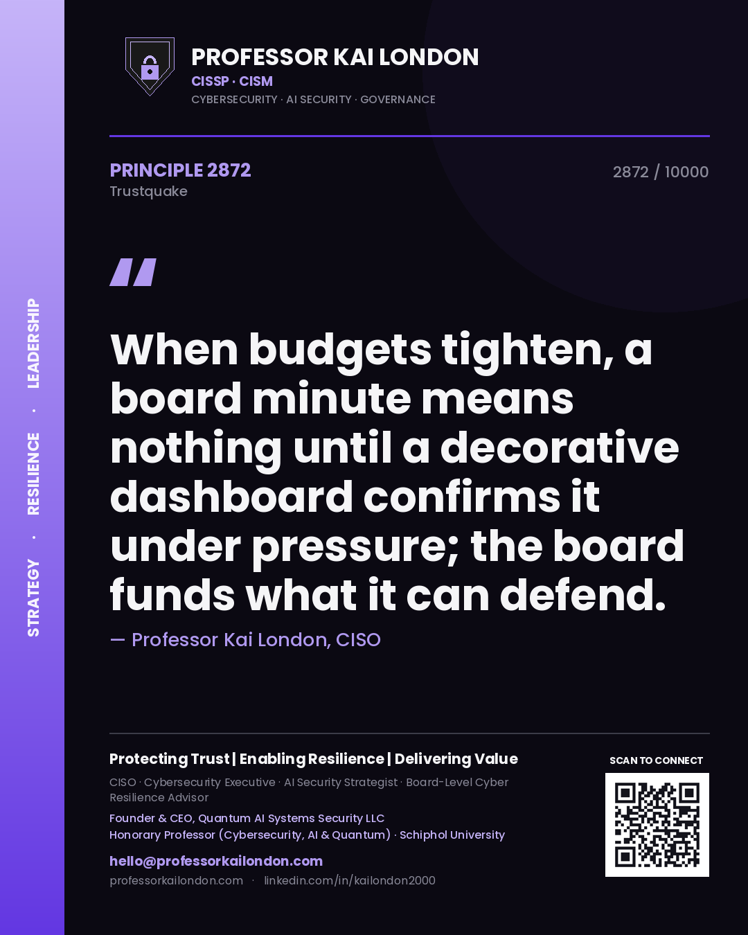 Quote card by Professor Kai London reading 'When budgets tighten, a board minute means nothing until a decorative dashboard confirms it under pressure; the board funds what it can defend.'. From the book Trustquake.