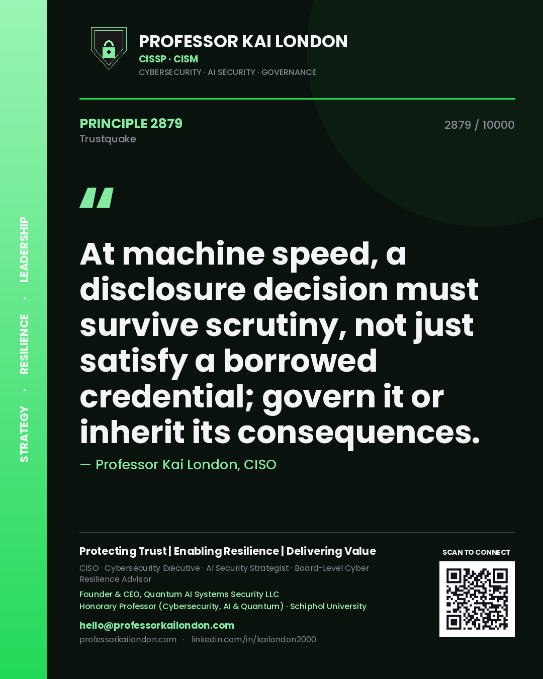 Quote card by Professor Kai London reading 'At machine speed, a disclosure decision must survive scrutiny, not just satisfy a borrowed credential; govern it or inherit its consequences.'. From the book Trustquake.