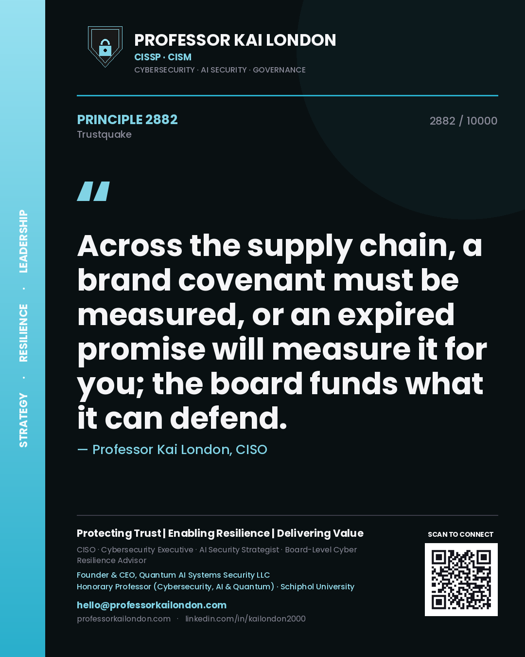 Professor Kai London principle 2882: Across the supply chain, a brand covenant must be measured, or an expired promise will measure it for you; the board funds what it can defend.