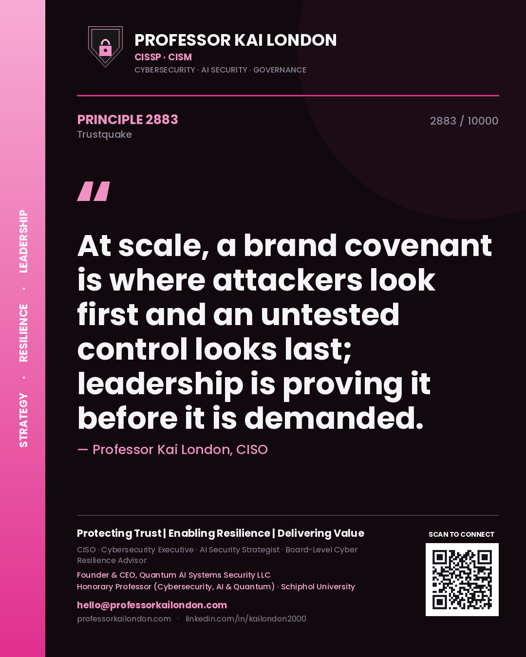 Quote card by Professor Kai London reading 'At scale, a brand covenant is where attackers look first and an untested control looks last; leadership is proving it before it is demanded.'. From the book Trustquake.