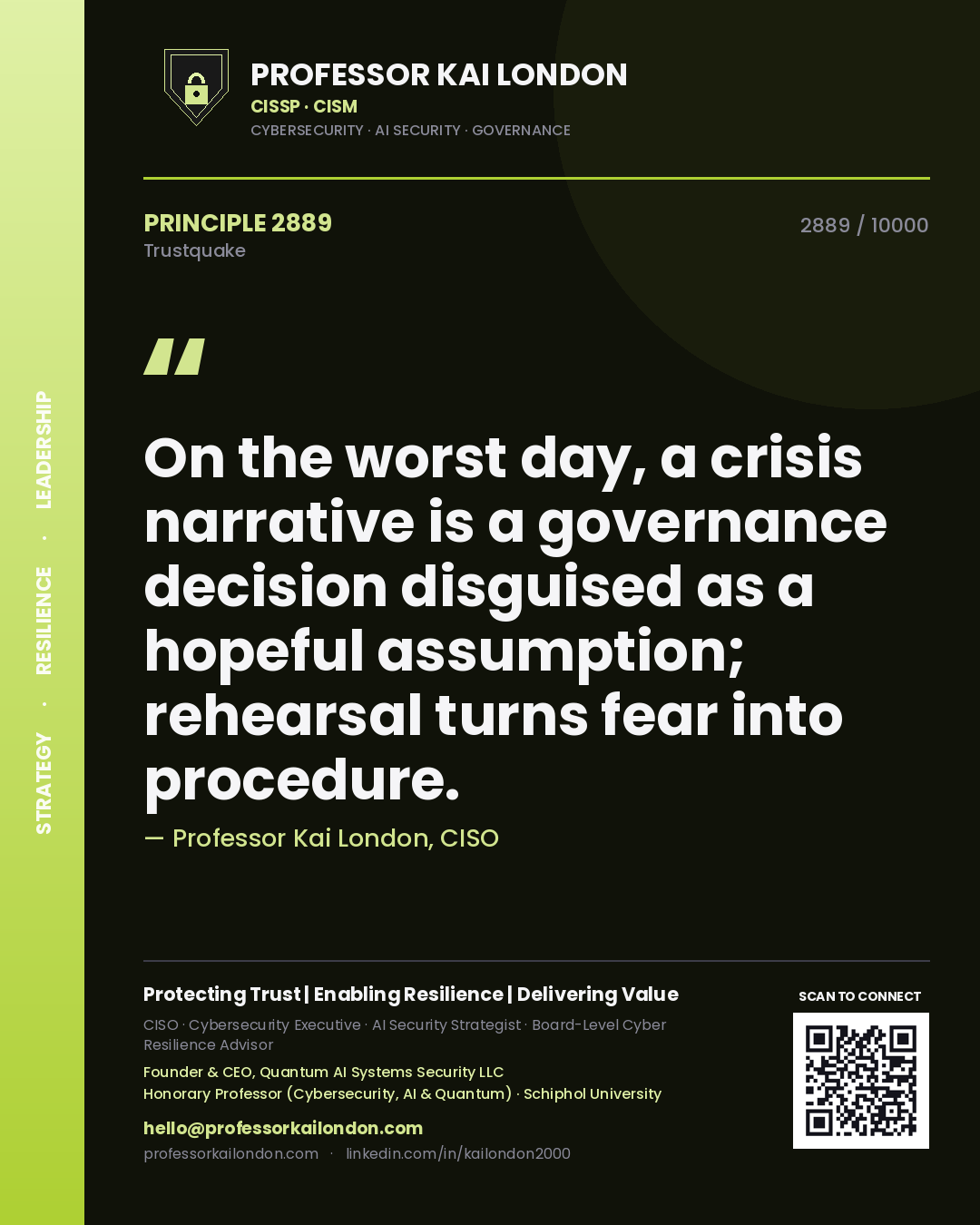 Quote card by Professor Kai London reading 'On the worst day, a crisis narrative is a governance decision disguised as a hopeful assumption; rehearsal turns fear into procedure.'. From the book Trustquake.
