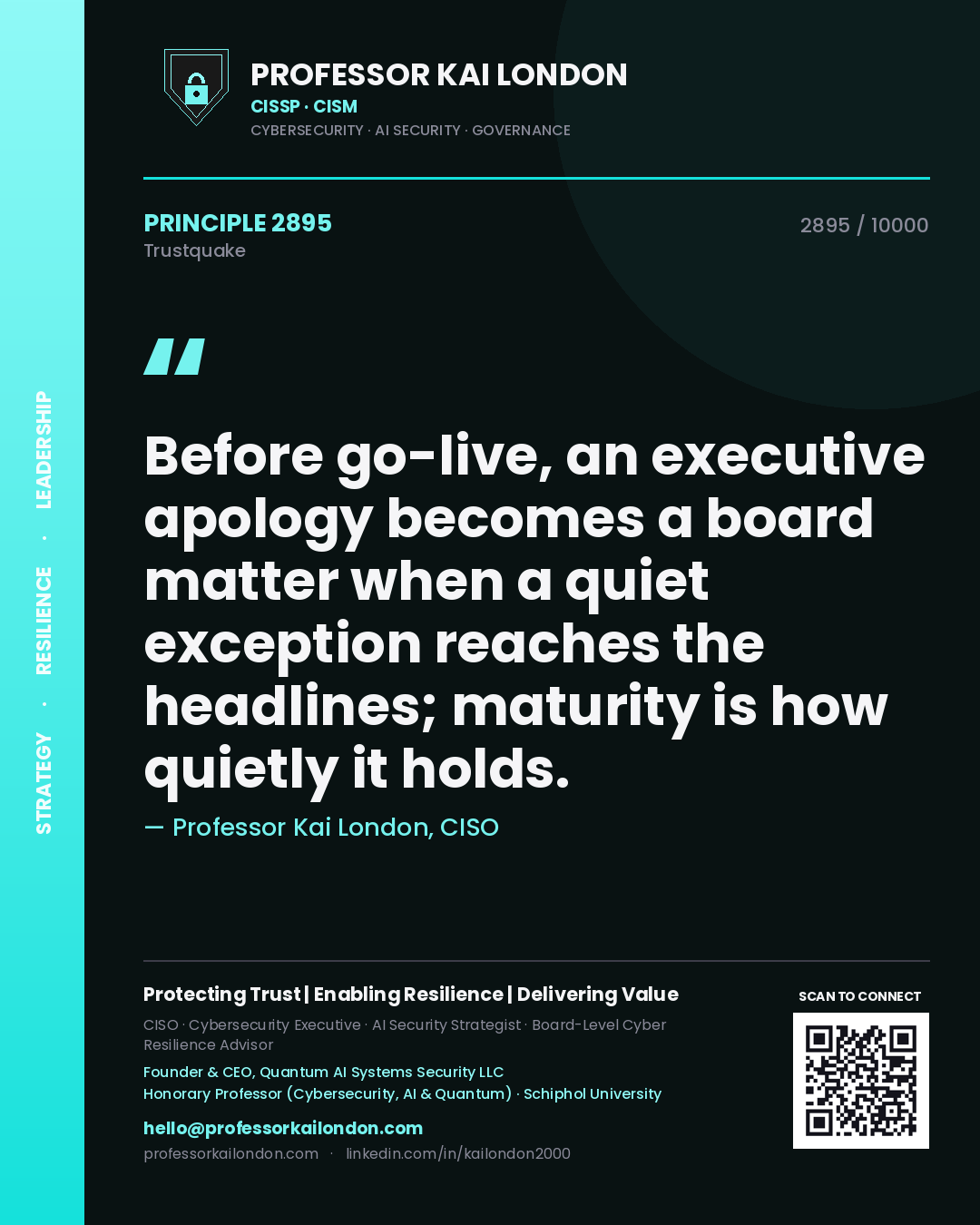 Professor Kai London principle 2895: Before go-live, an executive apology becomes a board matter when a quiet exception reaches the headlines; maturity is how quietly it holds.