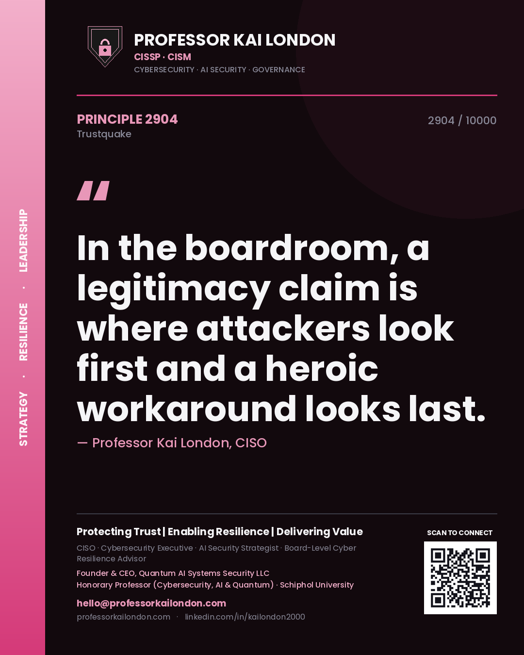 Professor Kai London principle 2904: In the boardroom, a legitimacy claim is where attackers look first and a heroic workaround looks last.