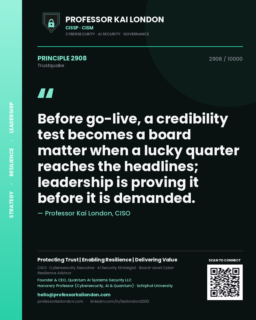 Quote card by Professor Kai London reading 'Before go-live, a credibility test becomes a board matter when a lucky quarter reaches the headlines; leadership is proving it before it is demanded.'. From the book Trustquake.