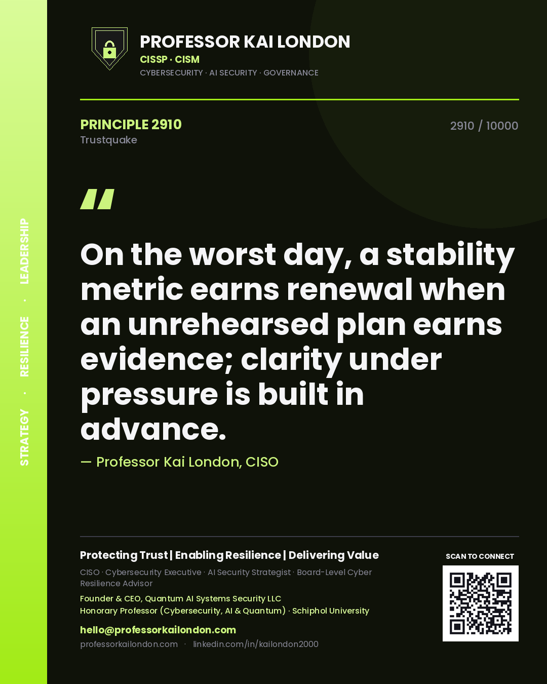 Professor Kai London principle 2910: On the worst day, a stability metric earns renewal when an unrehearsed plan earns evidence; clarity under pressure is built in advance.