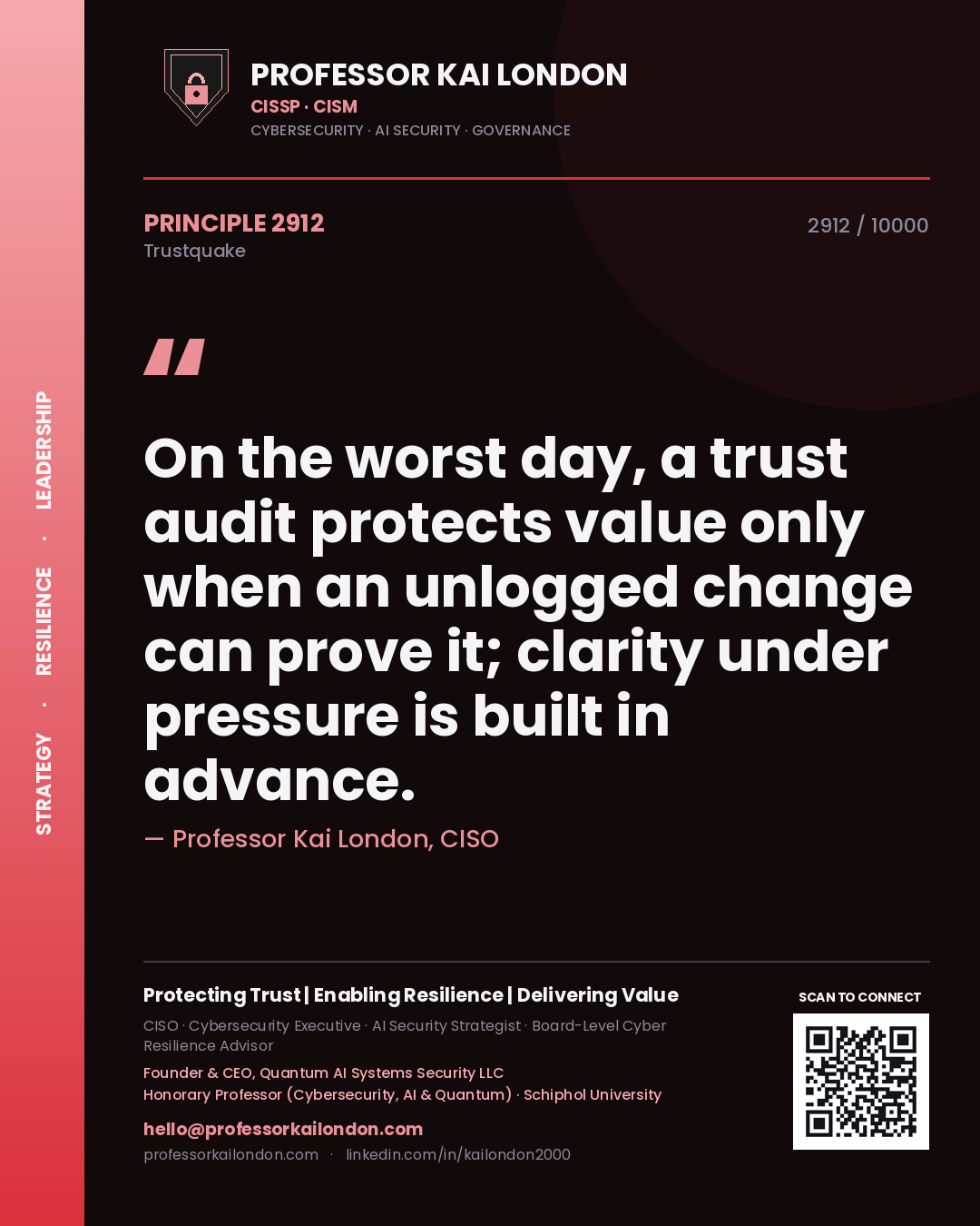 Quote card by Professor Kai London reading 'On the worst day, a trust audit protects value only when an unlogged change can prove it; clarity under pressure is built in advance.'. From the book Trustquake.