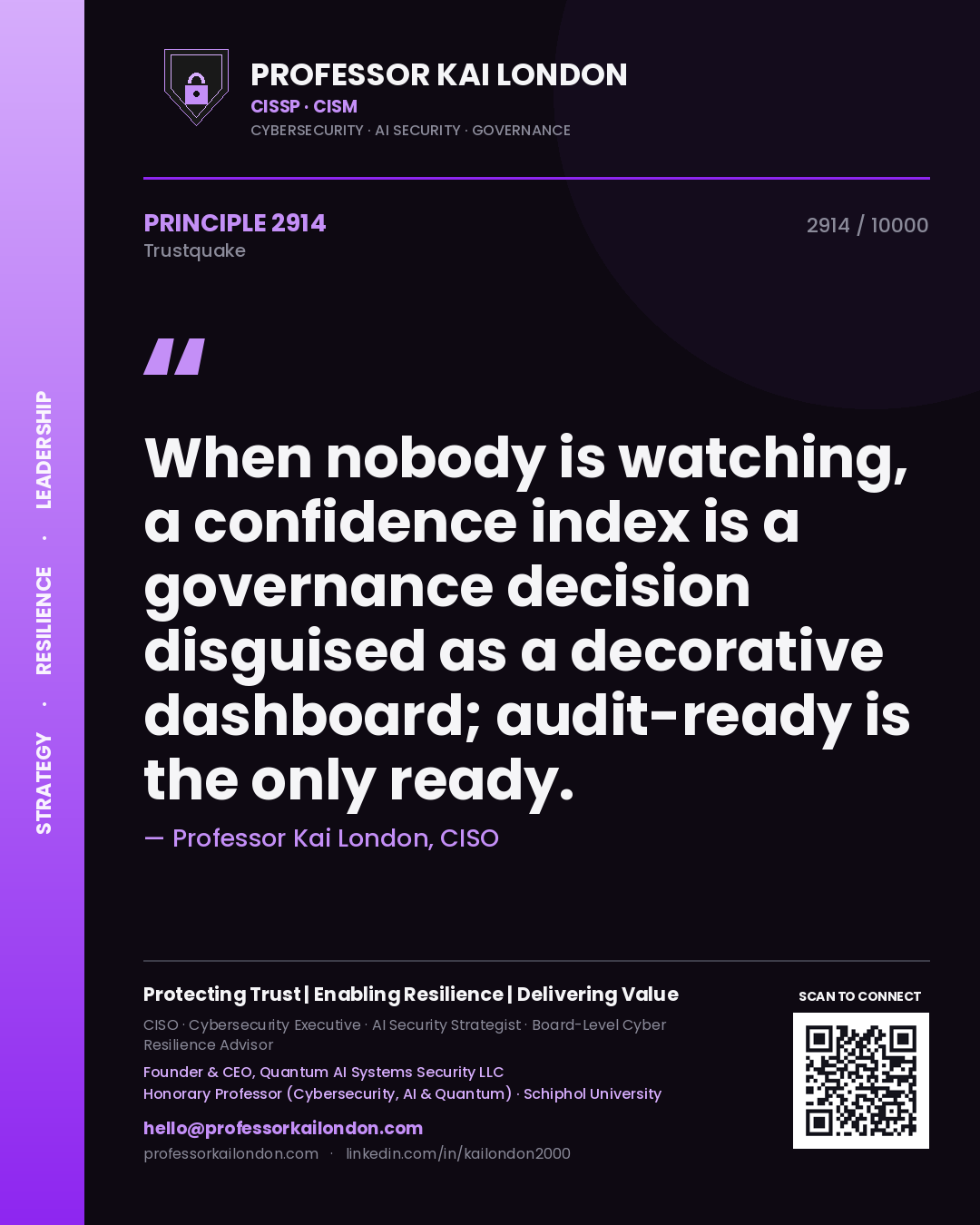 Quote card by Professor Kai London reading 'When nobody is watching, a confidence index is a governance decision disguised as a decorative dashboard; audit-ready is the only ready.'. From the book Trustquake.