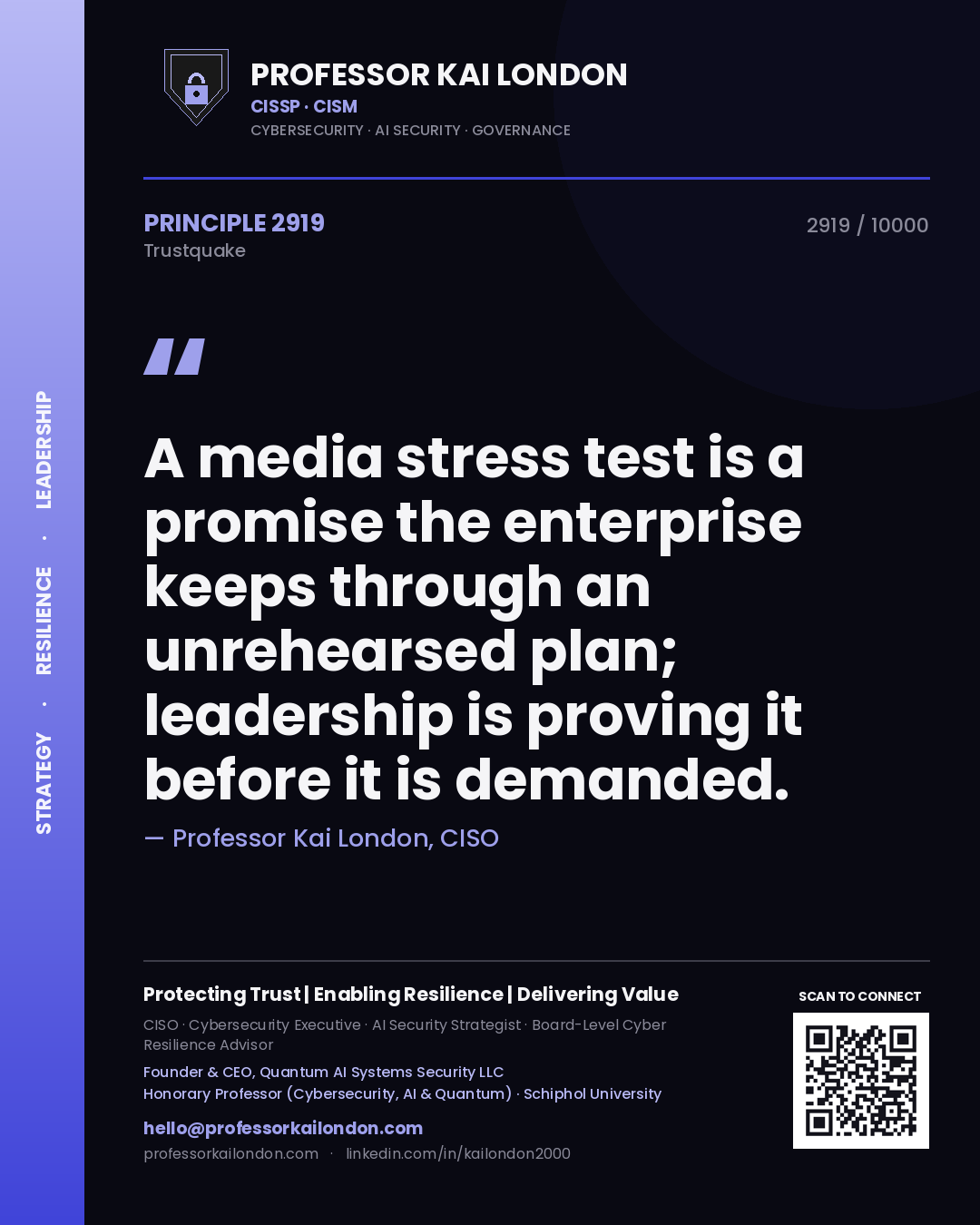 Professor Kai London principle 2919: A media stress test is a promise the enterprise keeps through an unrehearsed plan; leadership is proving it before it is demanded.
