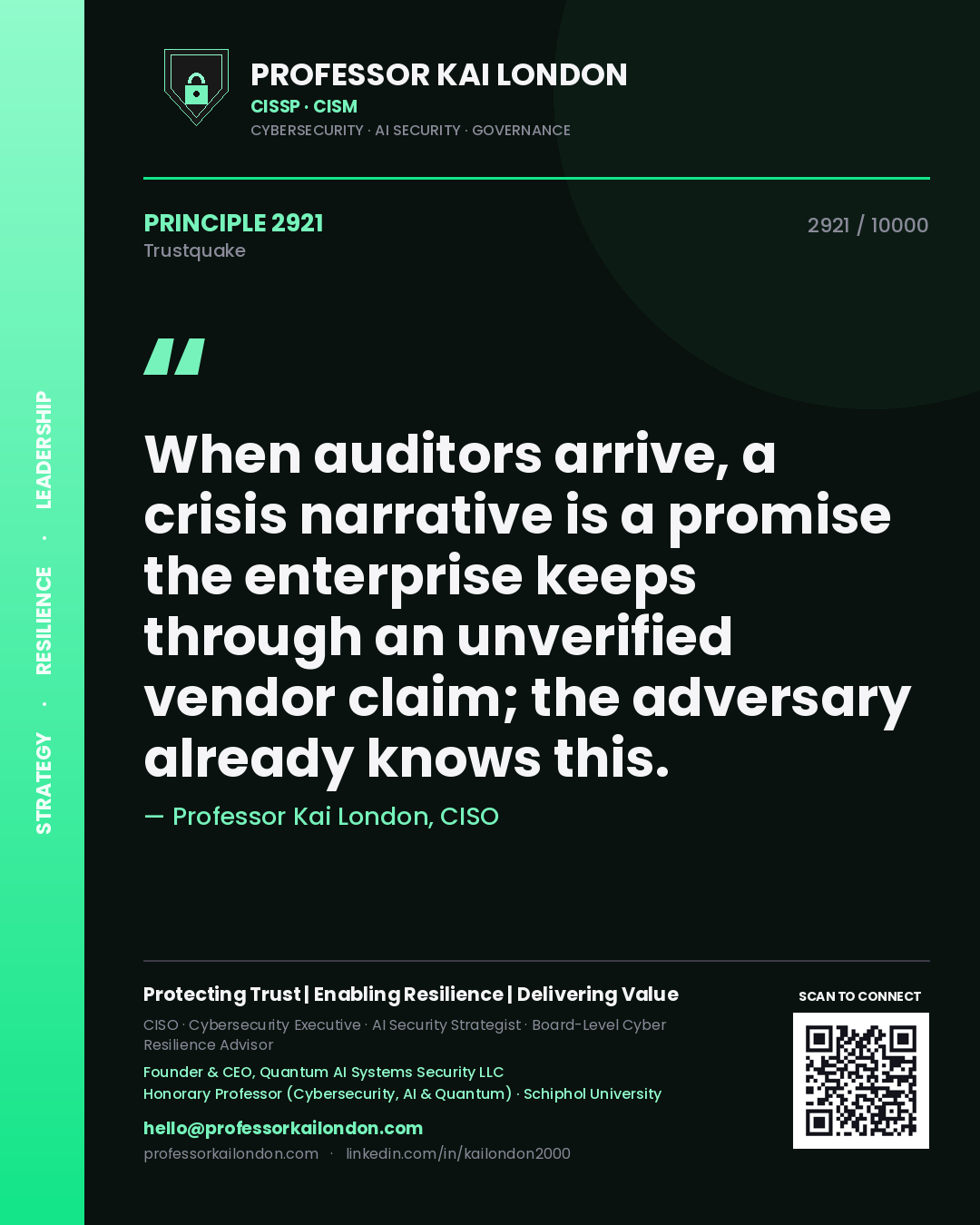 Quote card by Professor Kai London reading 'When auditors arrive, a crisis narrative is a promise the enterprise keeps through an unverified vendor claim; the adversary already knows this.'. From the book Trustquake.