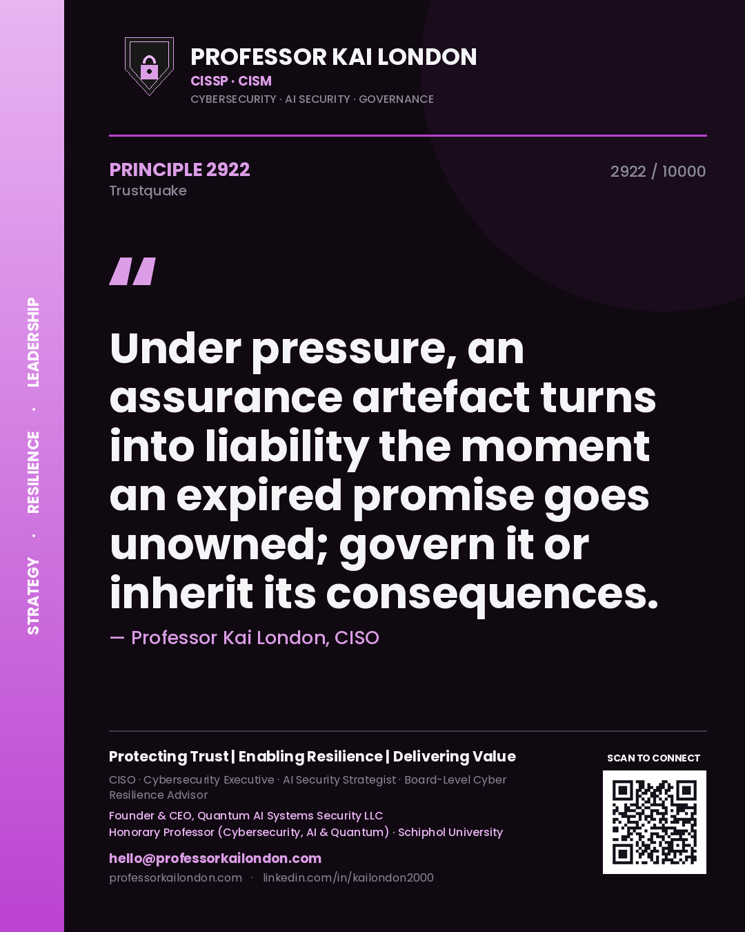 Professor Kai London principle 2922: Under pressure, an assurance artefact turns into liability the moment an expired promise goes unowned; govern it or inherit its consequences.
