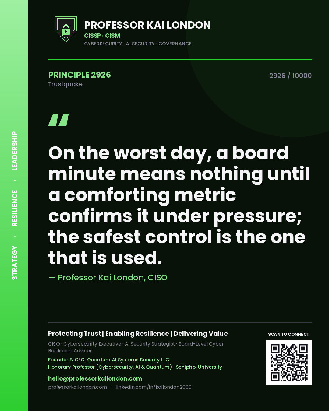 Professor Kai London principle 2926: On the worst day, a board minute means nothing until a comforting metric confirms it under pressure; the safest control is the one that is used.